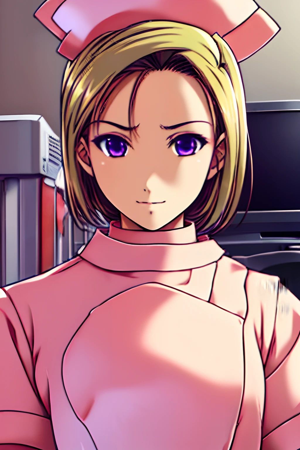 1girl, Remi, ((doctor room:1.4)), ((pink nurse uniform:1.4)), short hair, blond hair, straight hair, purple eyes, Solo, Solo Focus, female focus, Face Focus, Upper body,