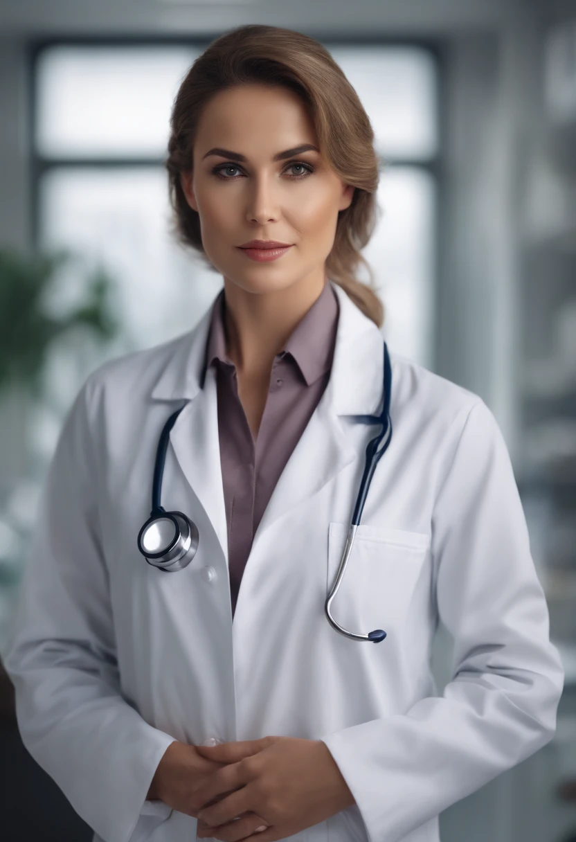 Beautiful doctor with super realistic lab coat, realismo, 4k, full hd, olhar penetrante