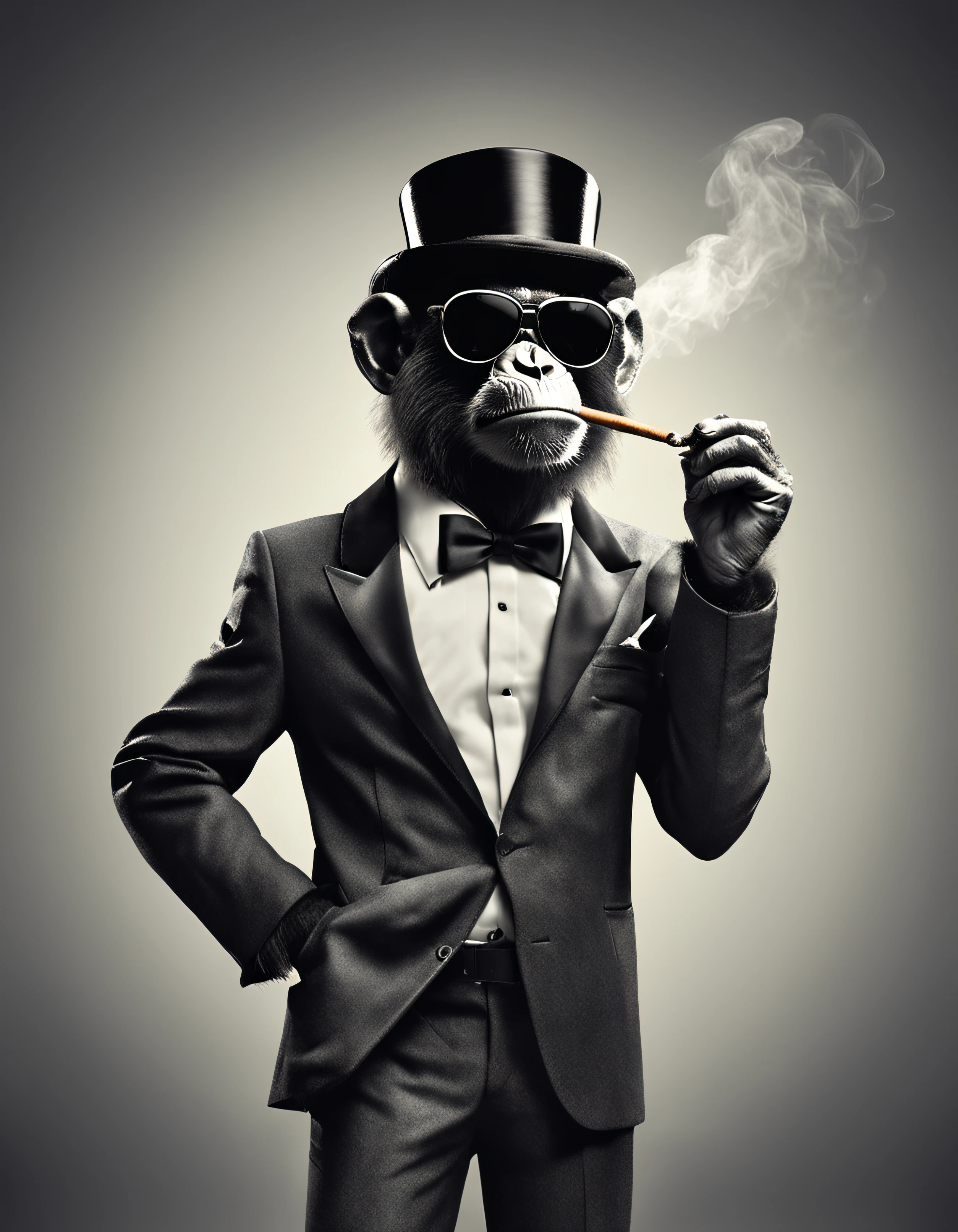 ((top-notch quality)), ((masterwork)), ((true-to-life)),
Subject: Hyper-Realistic Photograph of a Stylish Monkey Smoking a Cigar
Medium: Photography
Resolution: 4K
Positive Prompt: Create a ((top-notch quality)), ((masterwork)), ((true-to-life)) photograph that captures the essence of a monkey in a black tuxedo suit and sunglasses, smoking a lit cigar with an air of sophistication. The monkey should be posed upright, exuding confidence and style. The composition should focus on the monkey's face and upper body, with the lit cigar held casually in one hand up to its mouth. Capture wisps of smoke surrounding the monkey's head, adding to the atmosphere.
Ensure that the image is perfectly clear and detailed, showcasing the fine hairs and wrinkles on the monkey's body and face. Pay close attention to the details of the tuxedo suit, tailoring it to fit the monkey's frame in a realistic way. The white dress shirt and bow tie should be crisp and neatly arranged, emphasizing the monkey's dapper appearance.
The semi-reflective aviator-style sunglasses should obscurely shield the monkey's eyes, adding to the enigmatic aura. Highlight the lit end of the cigar, making it glow brightly and casting subtle reflections on the monkey's surroundings. The fine smoke swirling around the monkey's hand and head area should be realistically portrayed, contributing to the overall atmosphere.
Incorporate an incredibly high level of realism in portraying the fur textures, hair strands, cigar embers, and smoke, as if photographing a real-life monkey. The 4K resolution should capture every intricate detail, allowing the viewer to appreciate the fine nuances of the scene.