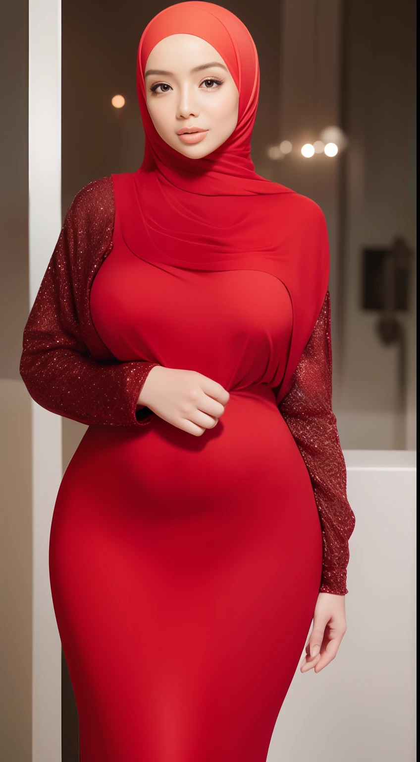 (NSFW,highres:1.2),1 girl,perfect body shape, slim waist, curvy hourglass figure, full body picture, skinny waist and thick hips,full body view,big boobs,wearing a hijab,wearing tight dress,beautiful detailed eyes,long eyelashes,natural makeup,soft smile,she has a jiggly fat round belly,vivid colors,studio lighting,physically-based rendering,digital artwork,bokeh