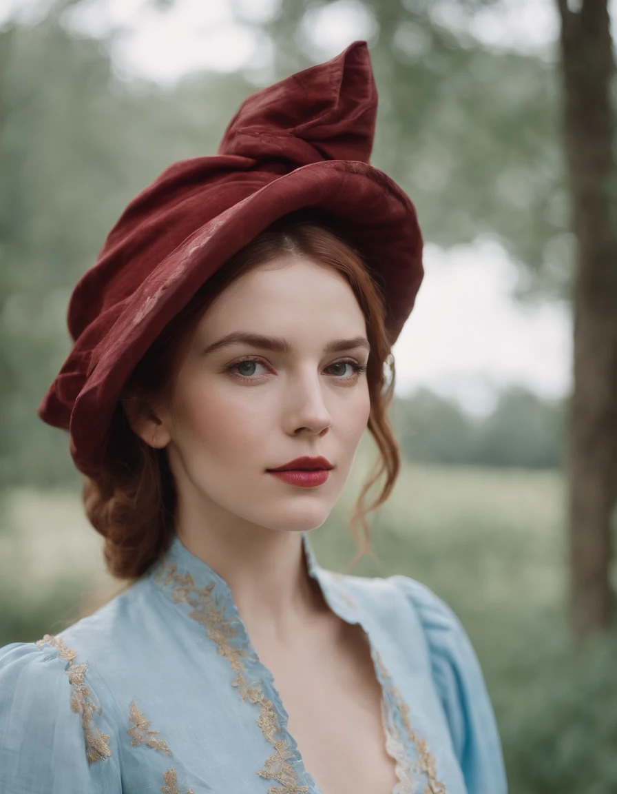 young woman in hat wearing a shirt over her head, in the style of light sky-blue and dark red, fujifilm pro 400h, kintsugi, alex colville, uhd image, troubadour style, fauvist portraiture(upper body), regency era, vestido btanco, flores no chapeu, cabelos compridos, ruiva