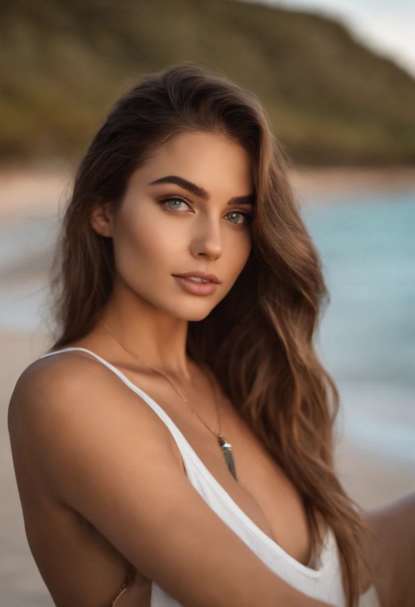 arafed woman with a white tank top and a necklace, sexy girl with green eyes, portrait sophie mudd, brown hair and large eyes, selfie of a young woman, bedroom eyes, violet myers, without makeup, natural makeup, looking directly at the camera, face with artgram, subtle makeup, stunning full body shot, piercing green eyes, arafed woman with tattoos on her body sitting on the beach, instagram model, violet myers, profile image, posing on a beach with the ocean, sexy girl, 20-year-old woman from cuba, alana fletcher, bikini model, posing on the beach, alexa65, alexa 65, profile pic, gorgeous woman, demi rose