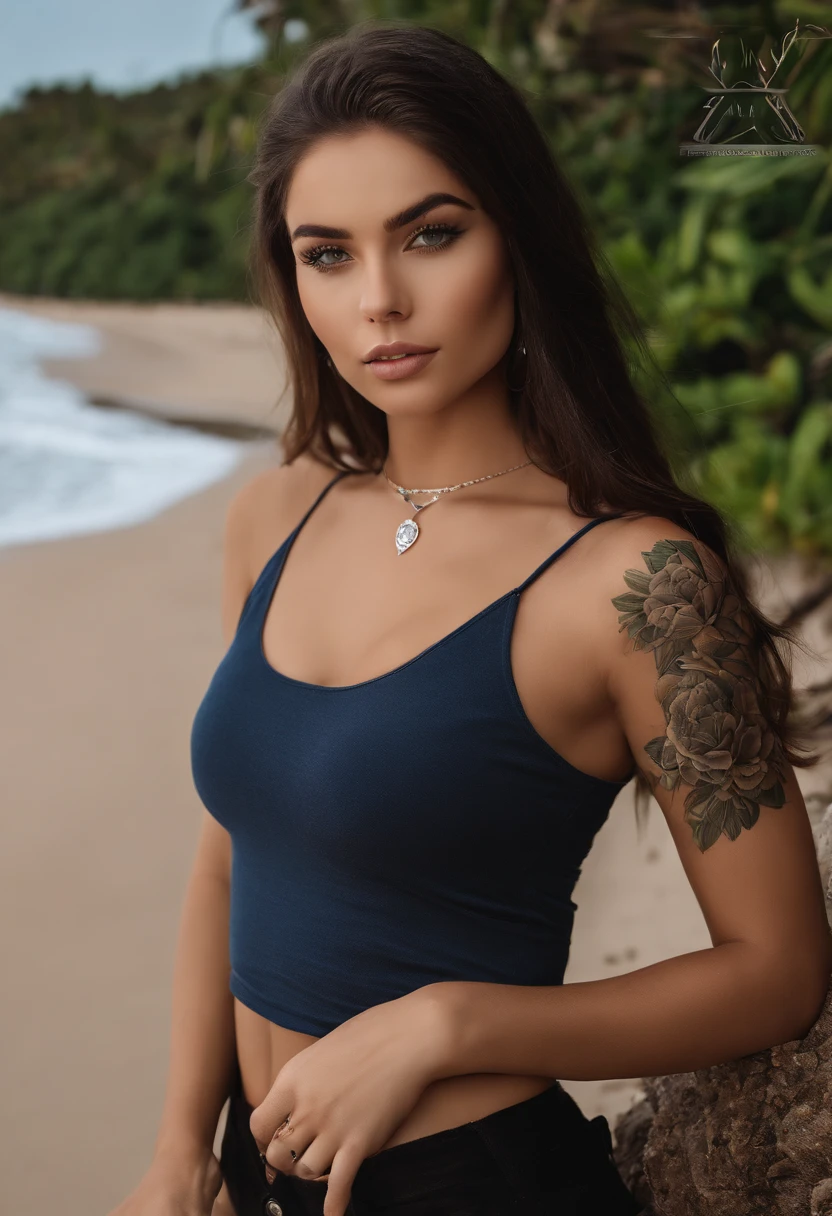 arafed woman with a white tank top and a necklace, sexy girl with green eyes, portrait sophie mudd, brown hair and large eyes, selfie of a young woman, bedroom eyes, violet myers, without makeup, natural makeup, looking directly at the camera, face with artgram, subtle makeup, stunning full body shot, piercing green eyes, arafed woman with tattoos on her body sitting on the beach, instagram model, violet myers, profile image, posing on a beach with the ocean, sexy girl, 20-year-old woman from cuba, alana fletcher, bikini model, posing on the beach, alexa65, alexa 65, profile pic, gorgeous woman, demi rose