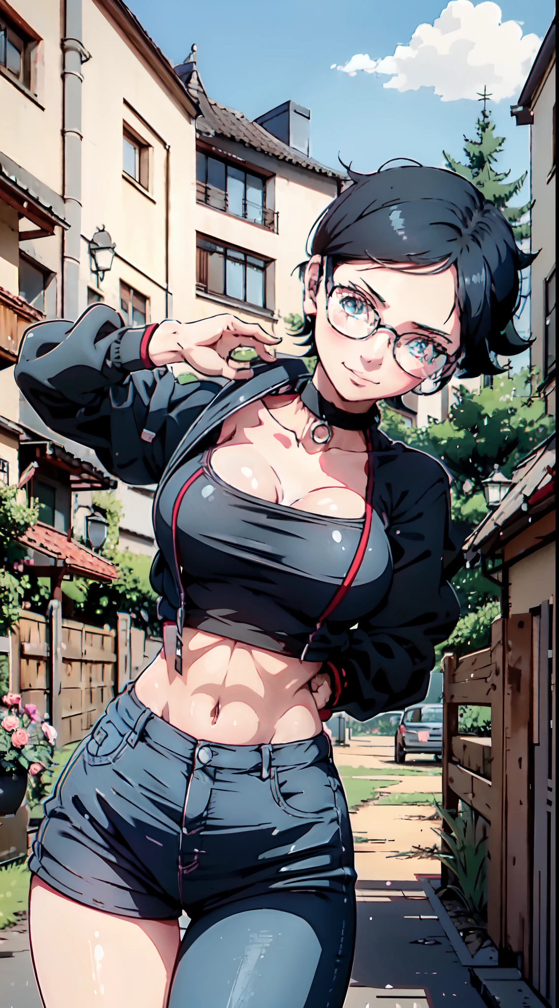 ,***1人,schwarzes Haar,Sararada Uchiha,small boobs,perfekter Arsch,Perfect Body,schmale Taille,sexy body,,symmetrisches Gesicht,Sharpness,scharfer Fokus,oben ohne,cute smile,Blick auf den Betrachter,Stillstand,aufrecht stehend,Beautiful garden in the background,Vortex-Kamera,hyperrealistisch,Anime-Stil,half body,Stehend im Wohnzimmer,arms behind back,nahaufnahme,runde brille,sehr enges croptop,skinny jeans