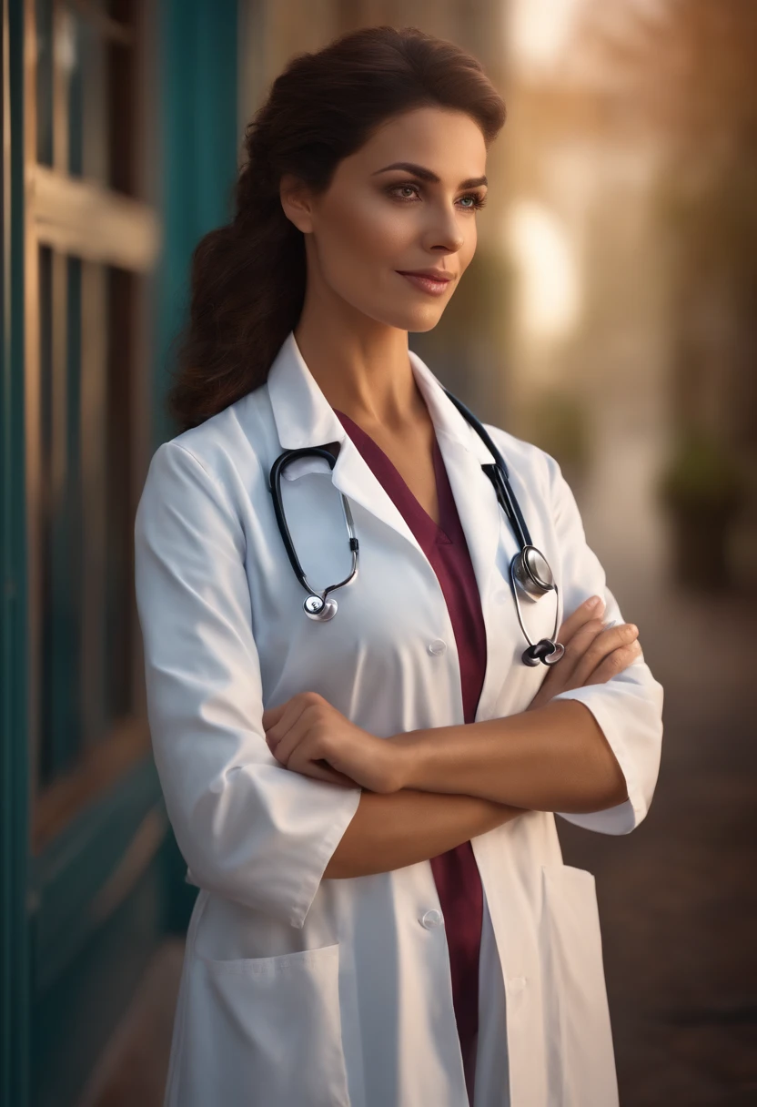 Beautiful doctor with Latin coat naturally super realistic, realismo, 4k, full hd, olhar penetrante