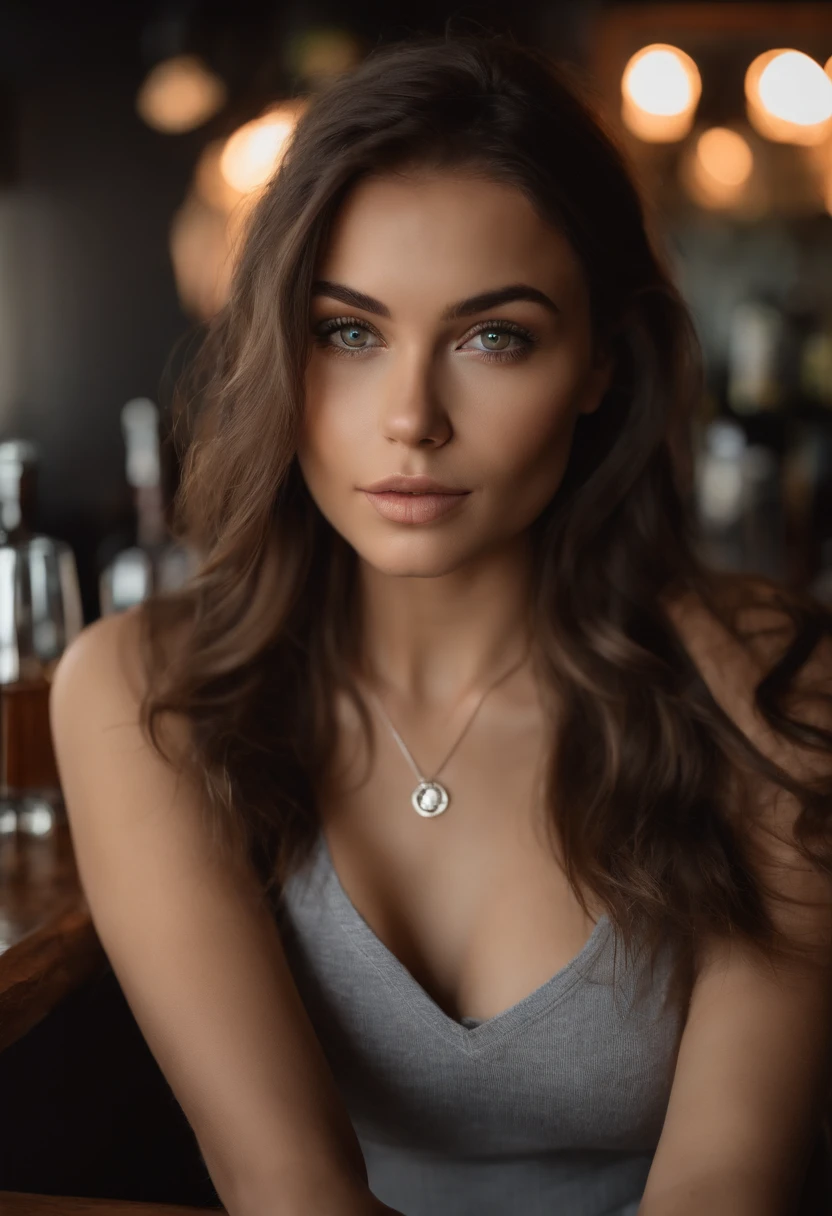 arafed woman with a white tank top and a necklace, at a bar, sexy girl with light brown eyes, portrait sophie mudd, brown short hair and large eyes, selfie of a young woman, bedroom eyes, violet myers, without makeup, natural makeup, looking directly at the camera, face with artgram, subtle makeup, stunning full body shot, piercing green eyes, beautiful angle, attractive pose, cute girl, sexy pose, full body picture, full body, full body shoot, brunette goddess, high detail, satisfied pose, wearing grey skirt and boots, skirt, boots