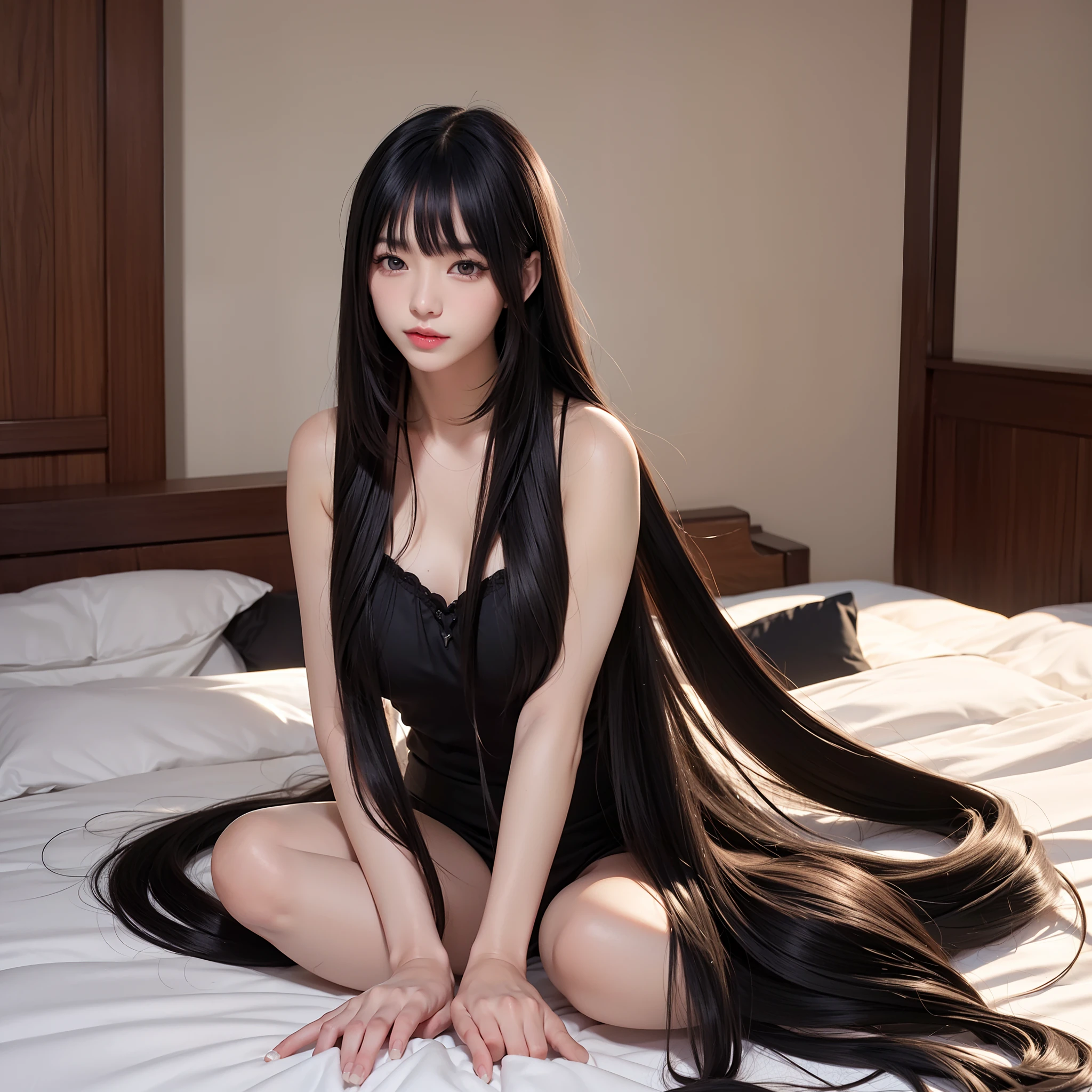 ((Top image quality、top-quality、Top resolution、hyper realistic photography、))、a large amount of black hair on the bed、Super super long hair about 3 meters long、