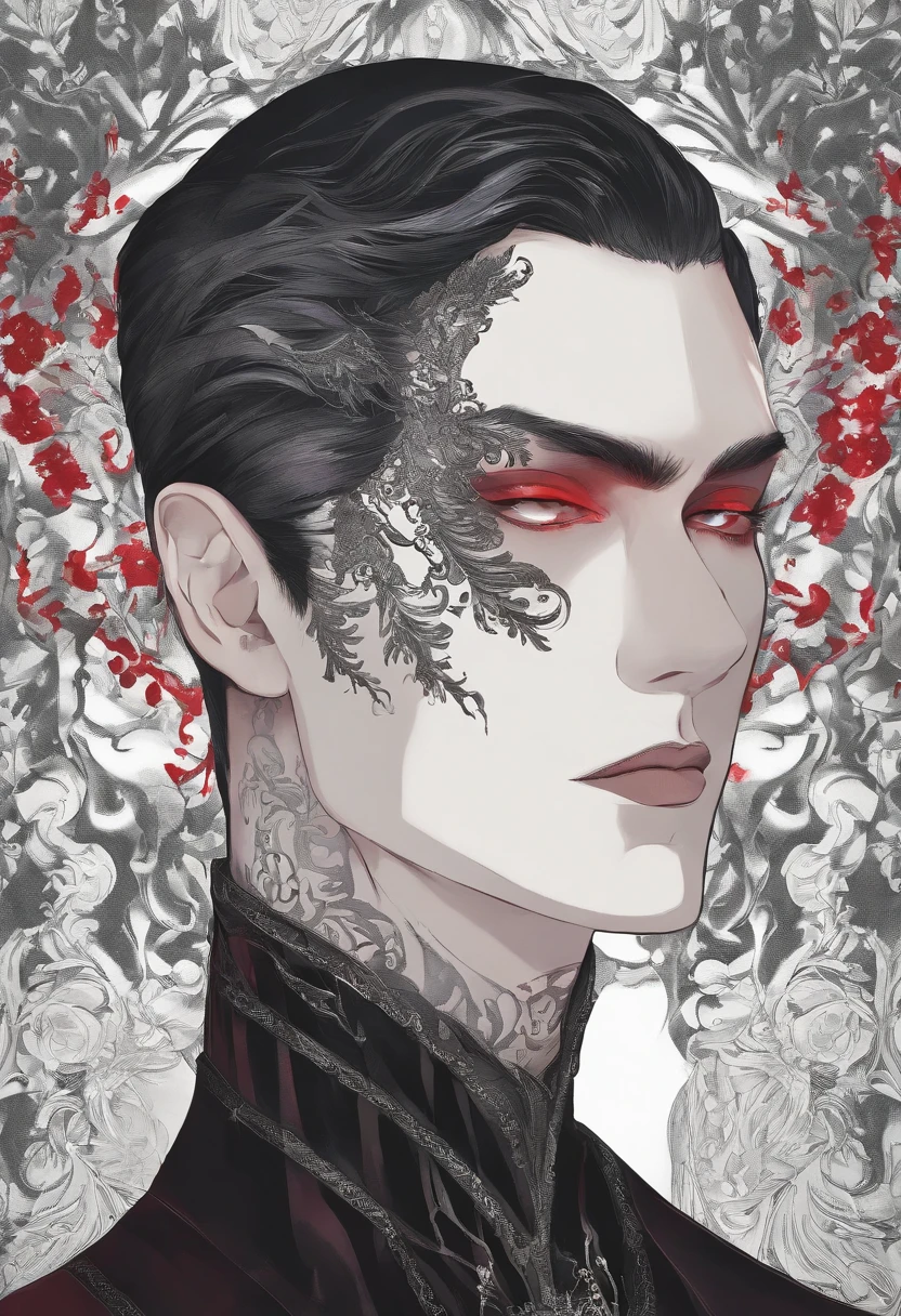 high quality photorealistic image of a man with black hair and red eyes wearing a choke, androgynous vampire, vampire of clan lasombra, male vampire, male vampire evil devious male, handsome male vampire, ((red)) baggy eyes, red eyes wearing goth makeup, black ((Black)) lipstick dark piercing eyes, with haunted eyes and dark hair. MALE gender neutral androgenous beautiful young man, sharp jaw, male features, porcelain skin