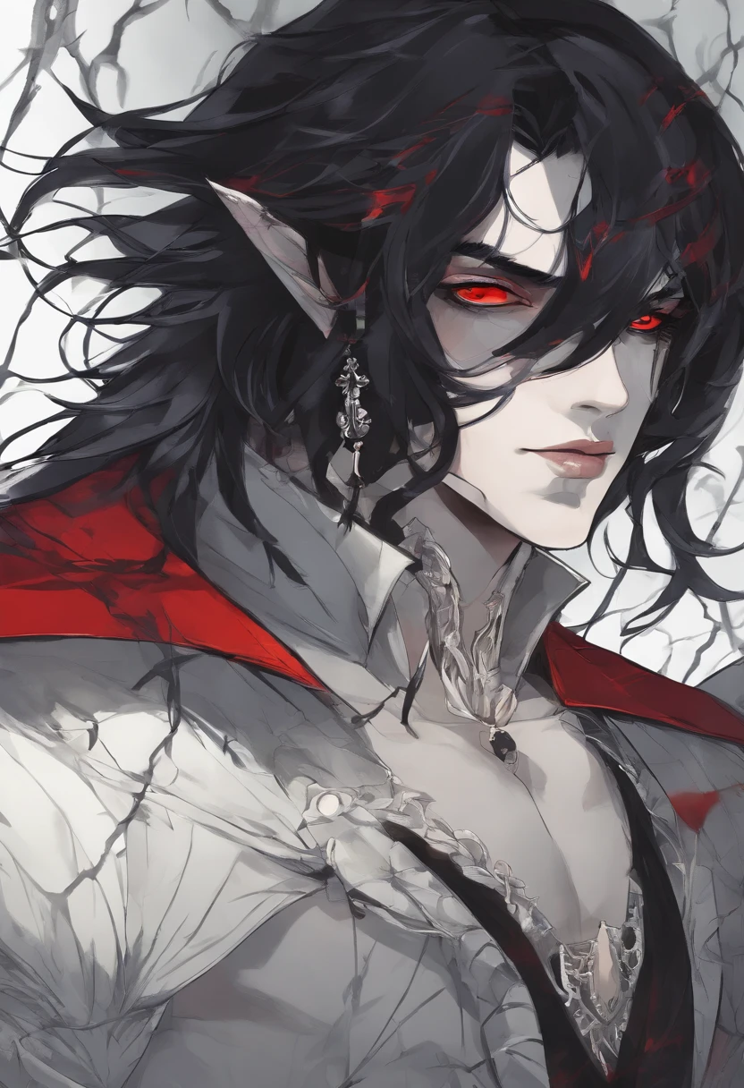 (((8k, RAW photo, best quality, Masterpiece: 1.4))), super high resolution, super detailed, illustration, close-up, close-up of face, handsome man, red eyes, (detailed eyes, bright eyes:1.2), black medium-length hair, elf, pale skin, ear piercings, kimono, dark, black clothes, detailed clothes, gold accessories on clothes, shows tongue, sharp fangs, (perfect anatomy:1.2), high quality shadows, natural lighting, (white highlights:1.2), night, dark sky, (neck tattoo:1.2), (starry sky:1.2)