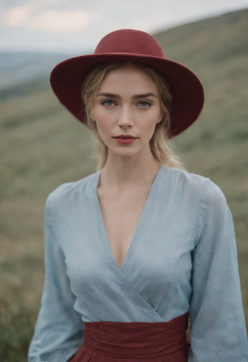young woman in hat wearing a shirt over her head, in the style of light sky-blue and dark red, fujifilm pro 400h, kintsugi, alex colville, uhd image, troubadour style, fauvist portraiture