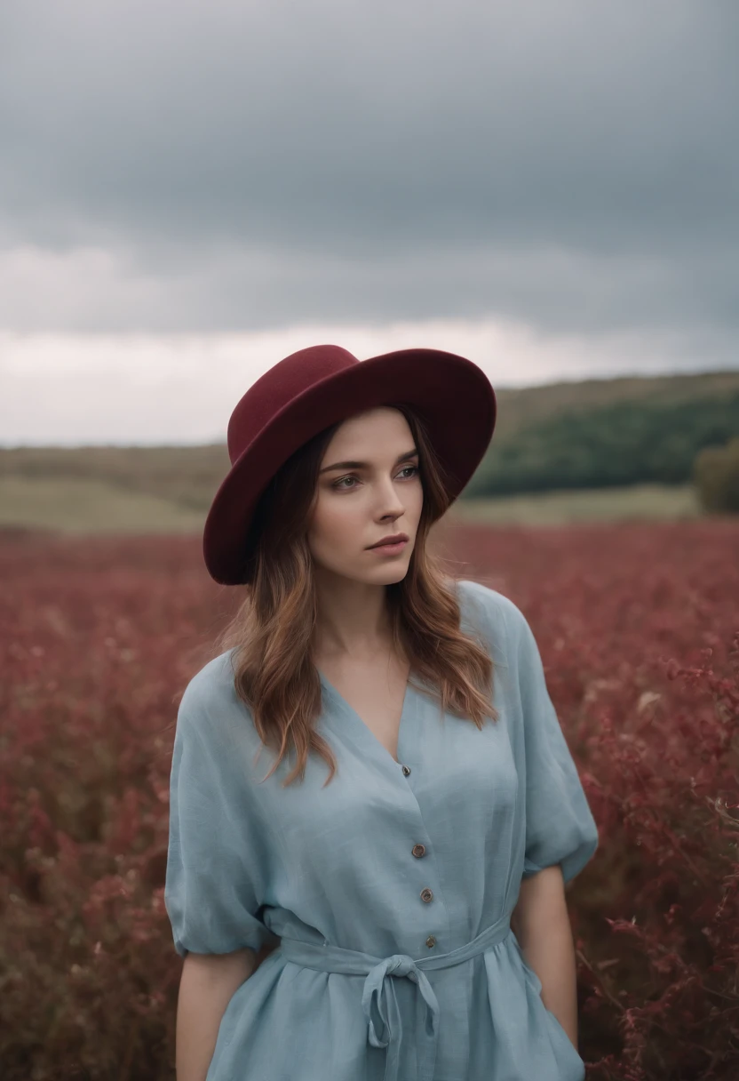 young woman in hat wearing a shirt over her head, in the style of light sky-blue and dark red, fujifilm pro 400h, kintsugi, alex colville, uhd image, troubadour style, fauvist portraiture, corpo inteiro, caminhando no campo, flores nas maos, ruiva, cabelos longos, capa branca sobre o vestido, Cold and cloudy morning