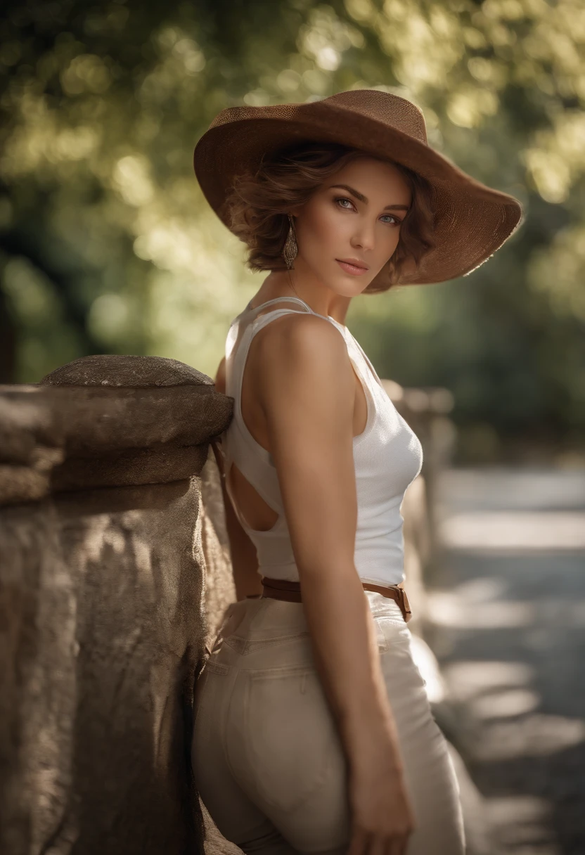 (RAW, analogue, Nikon Z 14mm ultra-wide angle lens, award-winning glamour photograph, ((best quality)), ((masterpiece)), ((realistic)), skin pores, subsurface scattering, radiant light rays, high-res, detailed facial features, high detail, sharp focus, smooth, aesthetic, extremely detailed, (extremely detailed eyes, extremely detailed iris), extremely detailed hair, extremely detailed skin, extremely detailed clothes, octane render, photorealistic, realistic, post-processing, max detail, realistic shadows, roughness, natural skin texture, real life, ultra-realistic, photorealism, photography, 8k UHD, photography, hdr, intricate, elegant, highly detailed, sharp focus, stunning, beautiful, gorgeous), (masterpiece:1.2, best quality1:1, ultra-detailed:1.2, best shadow, 8k:1.1), (massive city:1.3, rooftop:1.1, city structures below, handrails), (contrasting background, bright background), (beautiful detailed face), high contrast, (perfect illumination:1.2, beautiful color, delicate color), ((cinematic light)), colorful, hyper detail, dramatic light, intricate details, (1 girl, solo, brown hair, smiling face, short hair, wavy hair:1.1, blue eyes, dynamic angle, white tanktop, jeans, cowboy shot, arms down), depth of field, full body, legs spread