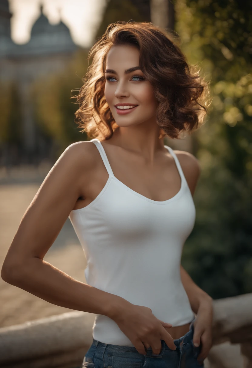 (RAW, analogue, Nikon Z 14mm ultra-wide angle lens, award-winning glamour photograph, ((best quality)), ((masterpiece)), ((realistic)), skin pores, subsurface scattering, radiant light rays, high-res, detailed facial features, high detail, sharp focus, smooth, aesthetic, extremely detailed, (extremely detailed eyes, extremely detailed iris), extremely detailed hair, extremely detailed skin, extremely detailed clothes, octane render, photorealistic, realistic, post-processing, max detail, realistic shadows, roughness, natural skin texture, real life, ultra-realistic, photorealism, photography, 8k UHD, photography, hdr, intricate, elegant, highly detailed, sharp focus, stunning, beautiful, gorgeous), (masterpiece:1.2, best quality1:1, ultra-detailed:1.2, best shadow, 8k:1.1), (massive city:1.3, rooftop:1.1, city structures below, handrails), (contrasting background, bright background), (beautiful detailed face), high contrast, (perfect illumination:1.2, beautiful color, delicate color), ((cinematic light)), colorful, hyper detail, dramatic light, intricate details, (1 girl, solo, brown hair, smiling face, short hair, wavy hair:1.1, blue eyes, dynamic angle, white tanktop, jeans, cowboy shot, arms down), depth of field