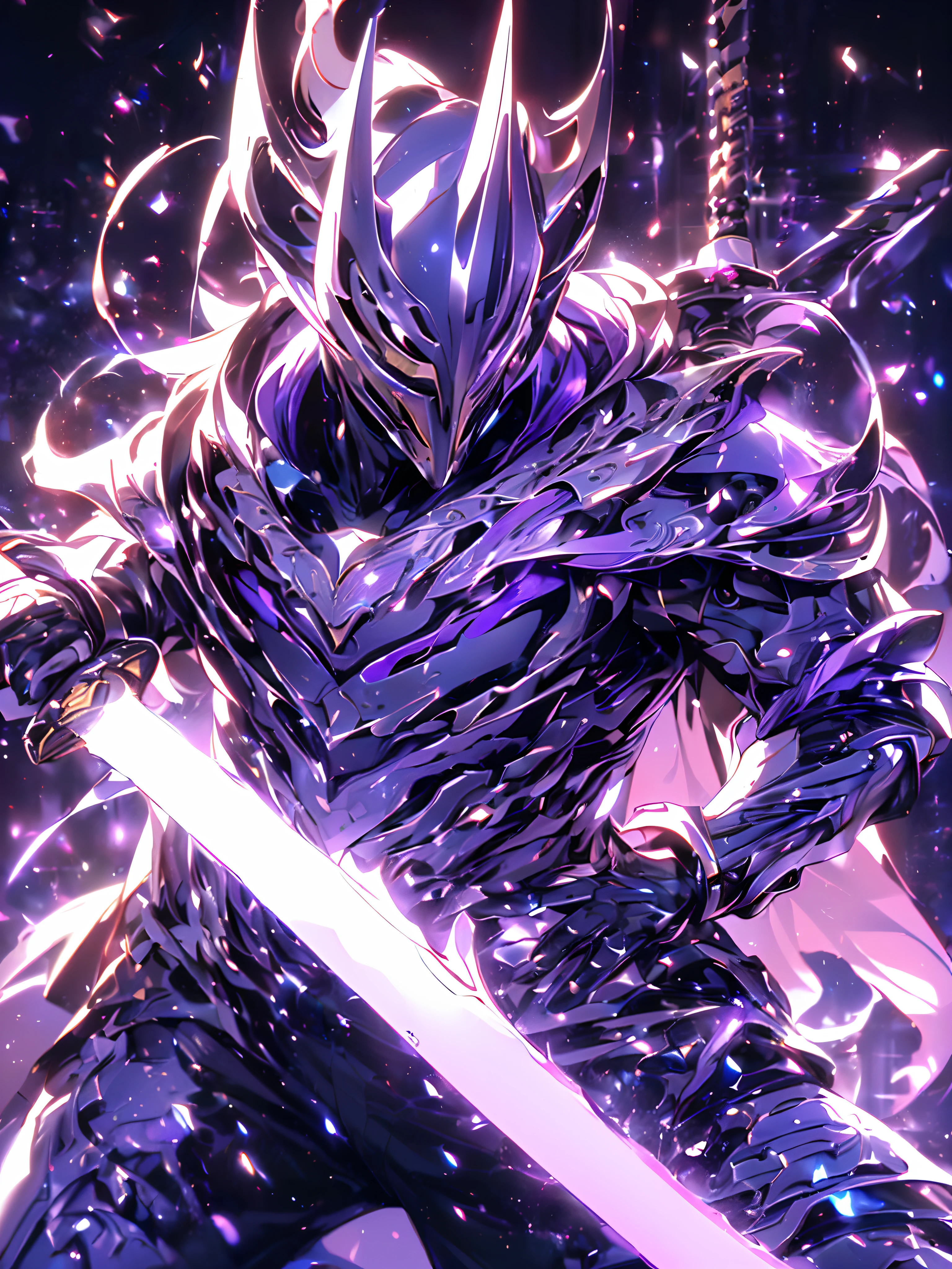 Super Realistic, Hyper Realistic, Super Detailed, (cybersamurai, 1boy, ((solo)), (holding purple sword) , (on guard stance) , wearing purple-red armor and mask, cape, glowing beautiful purple eyes, glow:1.3) (glowing simple black background:1.25),