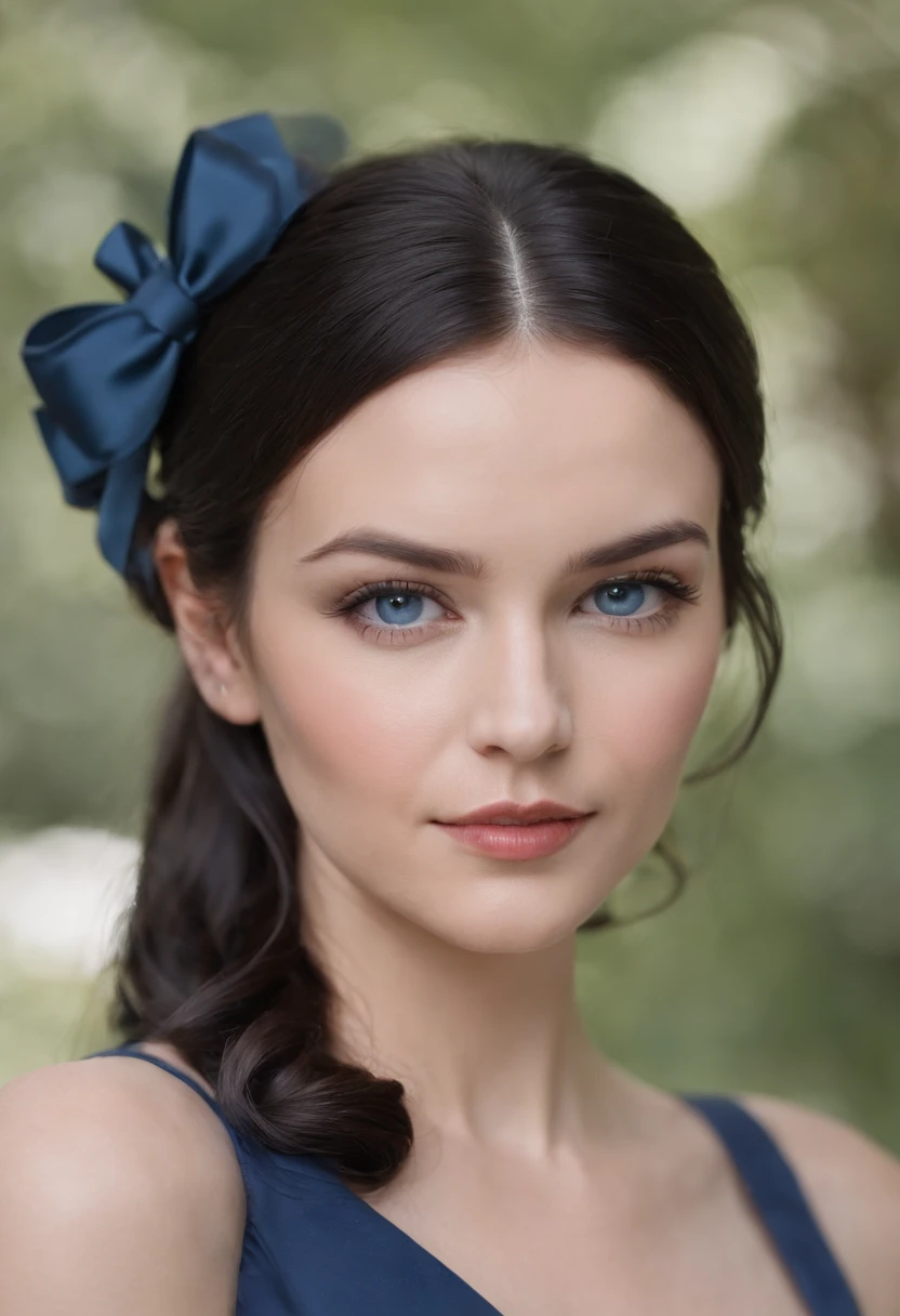 fair complexion, woman in her mid 30s, long dark blue hair, hair pulled into low twist ponytail, hair tied with black satin bow, blue eyes, modern setting, dark academia clothing, era vitoriana, Victorian black hat