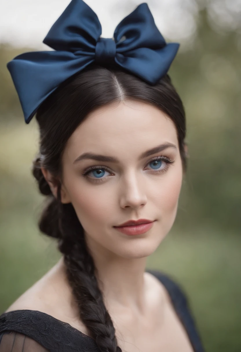 fair complexion, woman in her mid 30s, long dark blue hair, hair pulled into low twist ponytail, hair tied with black satin bow, blue eyes, modern setting, dark academia clothing, era vitoriana,  Victorian black hat