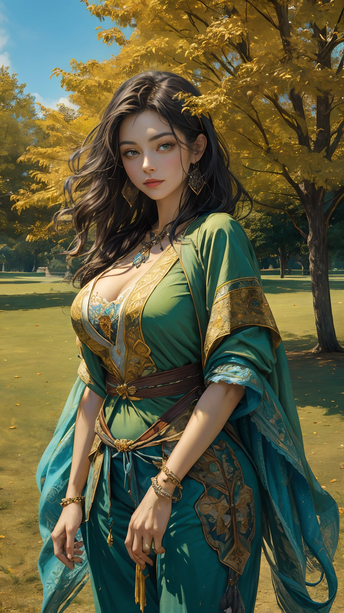 (Masterpiece, hiquality, absurdress) 1Woman, black hair, messy bun hair, Green eyes, a perfect face, amazing body, big breasts, ((Best Quality)), ((Masterpiece)), (Detailed:1.4), ((Best Quality)), ((Masterpiece)), (Detailed:1.4),独奏, Adult, Wavy Hair, short tail, gentle face, Long embroidered tunic in boho style, Chambray pants, BATIC SHAWL, Amber bracelet, University Lawn, Sunny, autumn