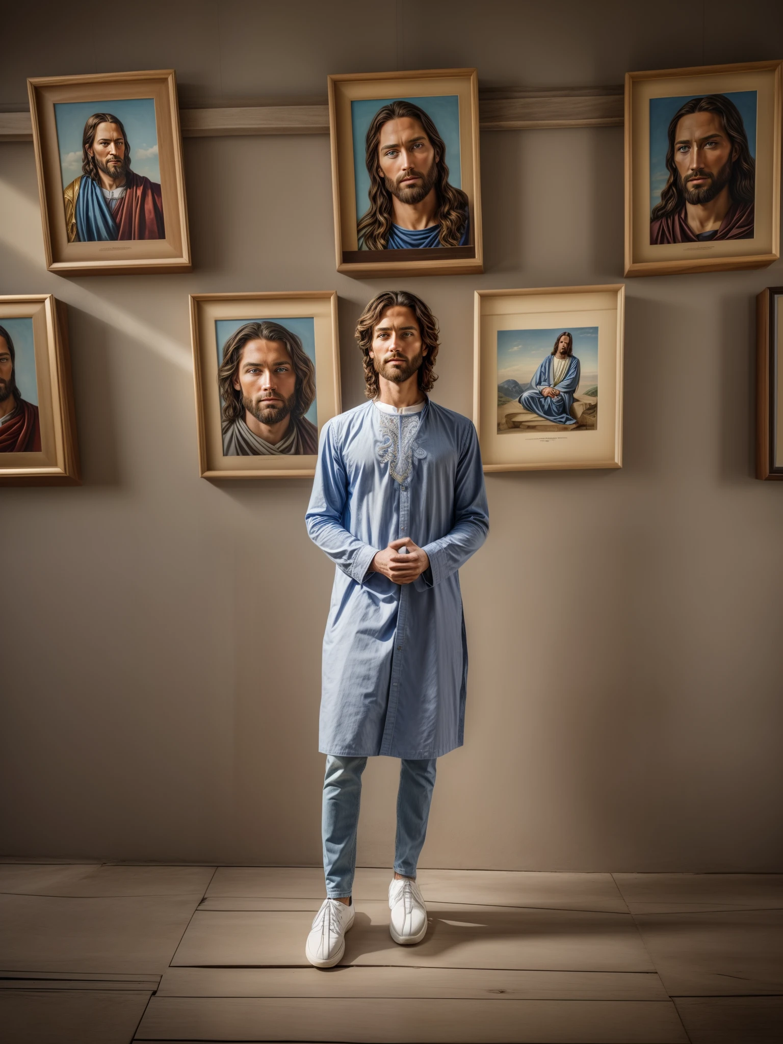 Portrait of a handsome man, Jesus Christ, real blue eyes, sunny day, intricate details.real jesus lord, straight head face, Straight body.Pray god