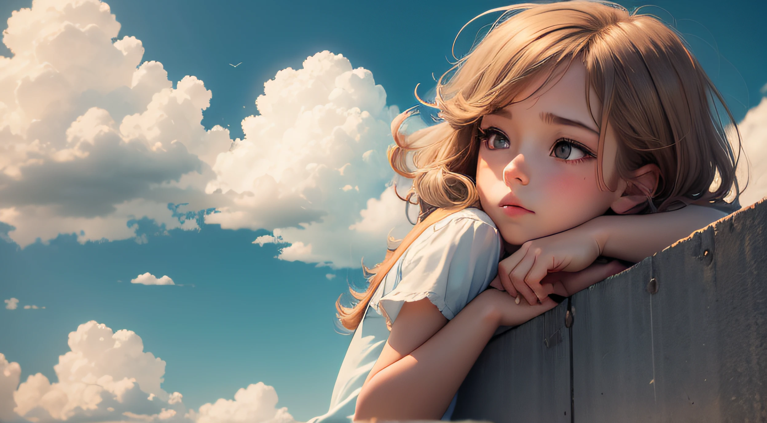 girl daydreaming of a boy in a cartoon-like overhead cloud