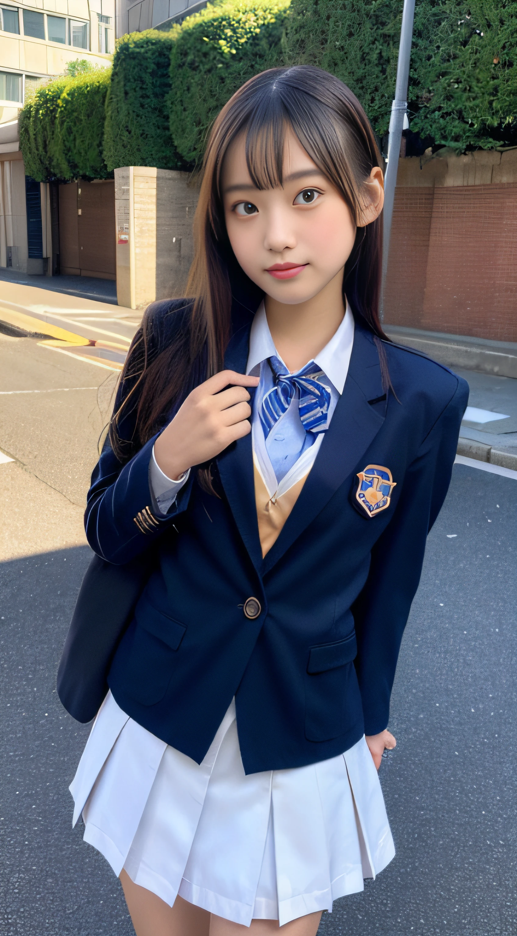 (Realistic lighting、top-quality、8K、​masterpiece:1.3)、32K、NSFW, SFW、(1girl in:1.5)、japanes、(Composition from the knee up:1.7)、(High school girl in uniform with blazer and miniskirt:2.0)、summer clothing、((small tits:1.8))、((skinny  body:2.0))、((Ultra Slim Body Beauty:1.4))、(Slim abs:1.1)、((Light brown long hair))、(outside of house:1.1)、City Street、Superfine Face、Fine eyes、二重まぶた