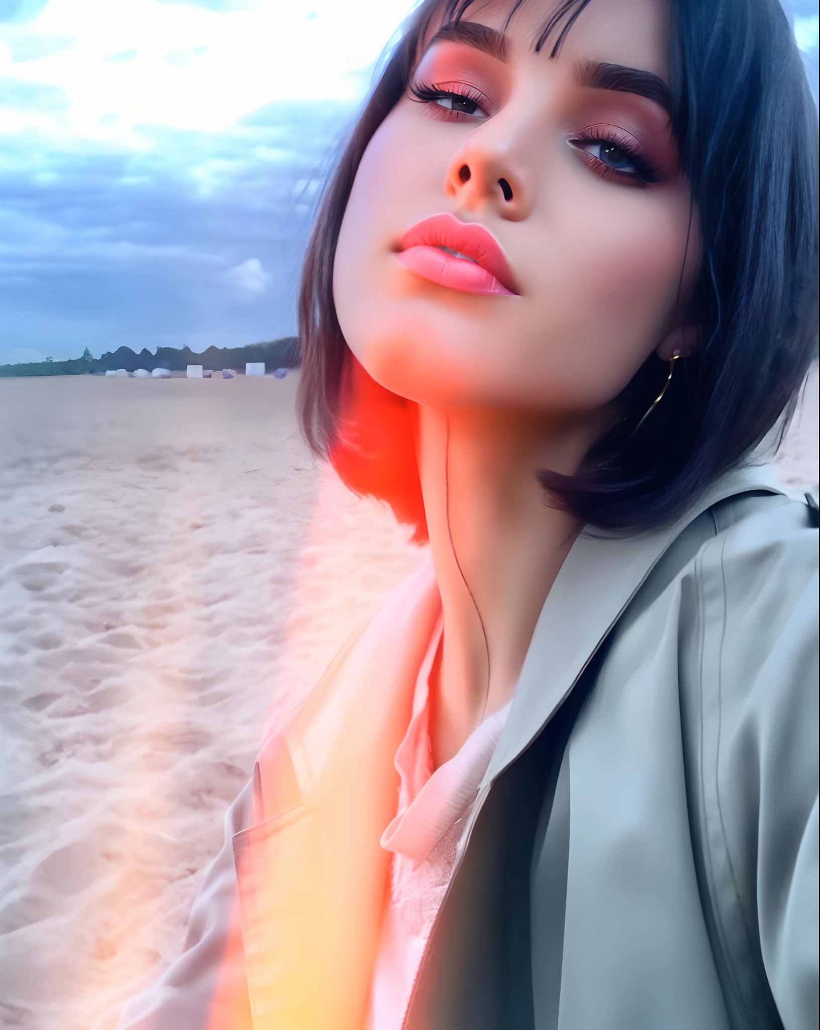 Sexy girl with pink light on her face on the beach, profile picture, Selena Gomez, profile shot, Anastasia Ovchinnikova, She has black hair with bangs, kare, charli bowater, Lucy Hale, Joey King, dua lipa, Kendall Jenner, very very very high quality photography, Profile picture, alina ivanchenko, film effect, lighting, backlight, glare, high definition, glamour photography, magazine photography, medium format, glossy, fashion, fashion photography, model, stunning detail, high key, vivid photography, emotion, sensual lips, eroticism
