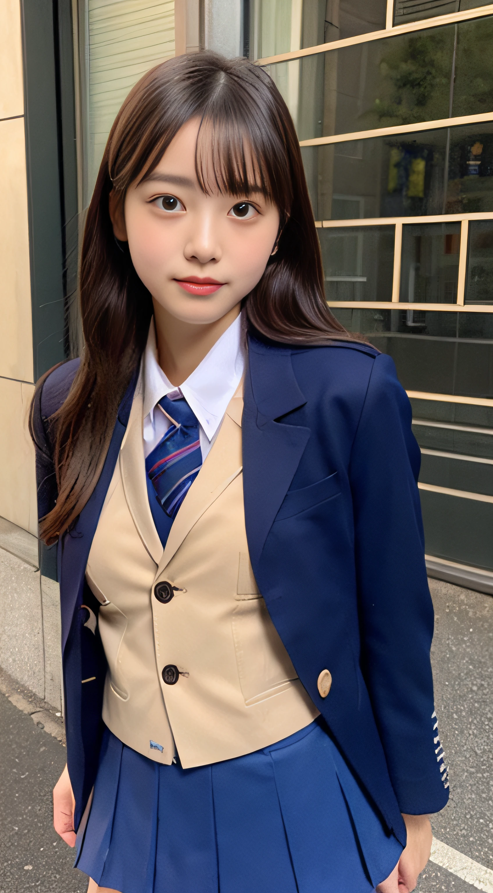 absurdres, RAW photo, extremely delicate and beautiful, masterpiece, Best Quality, ultra high resolution, 32k, hyperrealistic, ultra-detailed, perfect anatomy, super Detailed skin, perfect figure, Super Beauty, Perfect Style, Perfect balance, 20 years old, very small head, very small face, delicate facial features, detailed face, detailed eyes, tearful mole, earring, very huge round breasts, legs, medium hair, full body shot, indoor, ((school_uniform)), blazer, wet clothes,