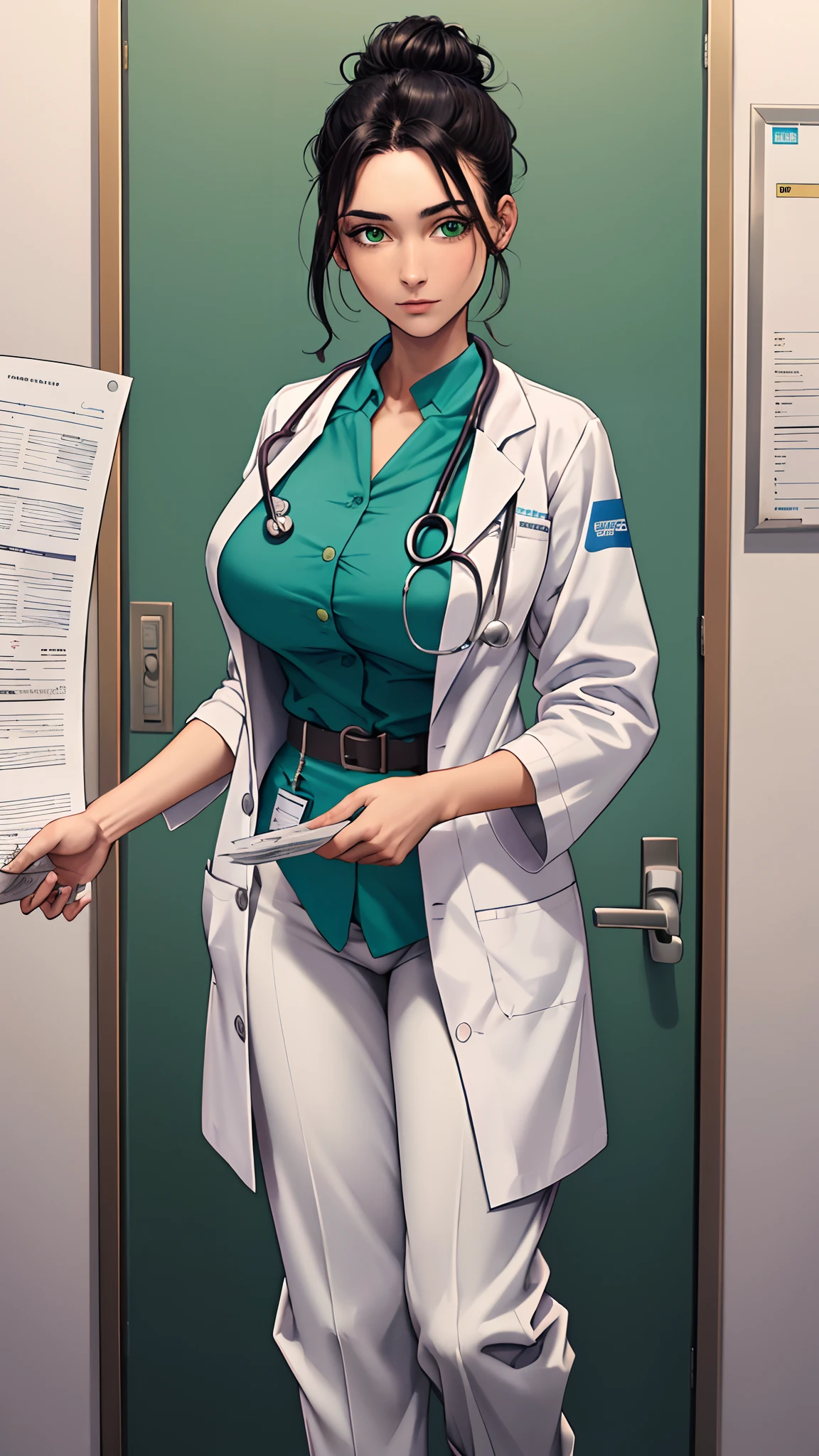 (Masterpiece, hiquality, absurdress) 1Woman,  black hair, messy bun hair,  Green eyes, a perfect face, amazing body, big breasts, ((Best Quality)), ((Masterpiece)), (Detailed:1.4), white robe, (Medical uniform with pants and shirt), (medical clothing), (Doctor's costume), Dr, Familiarize yourself with medical documents, hospital, Emergency Physician,