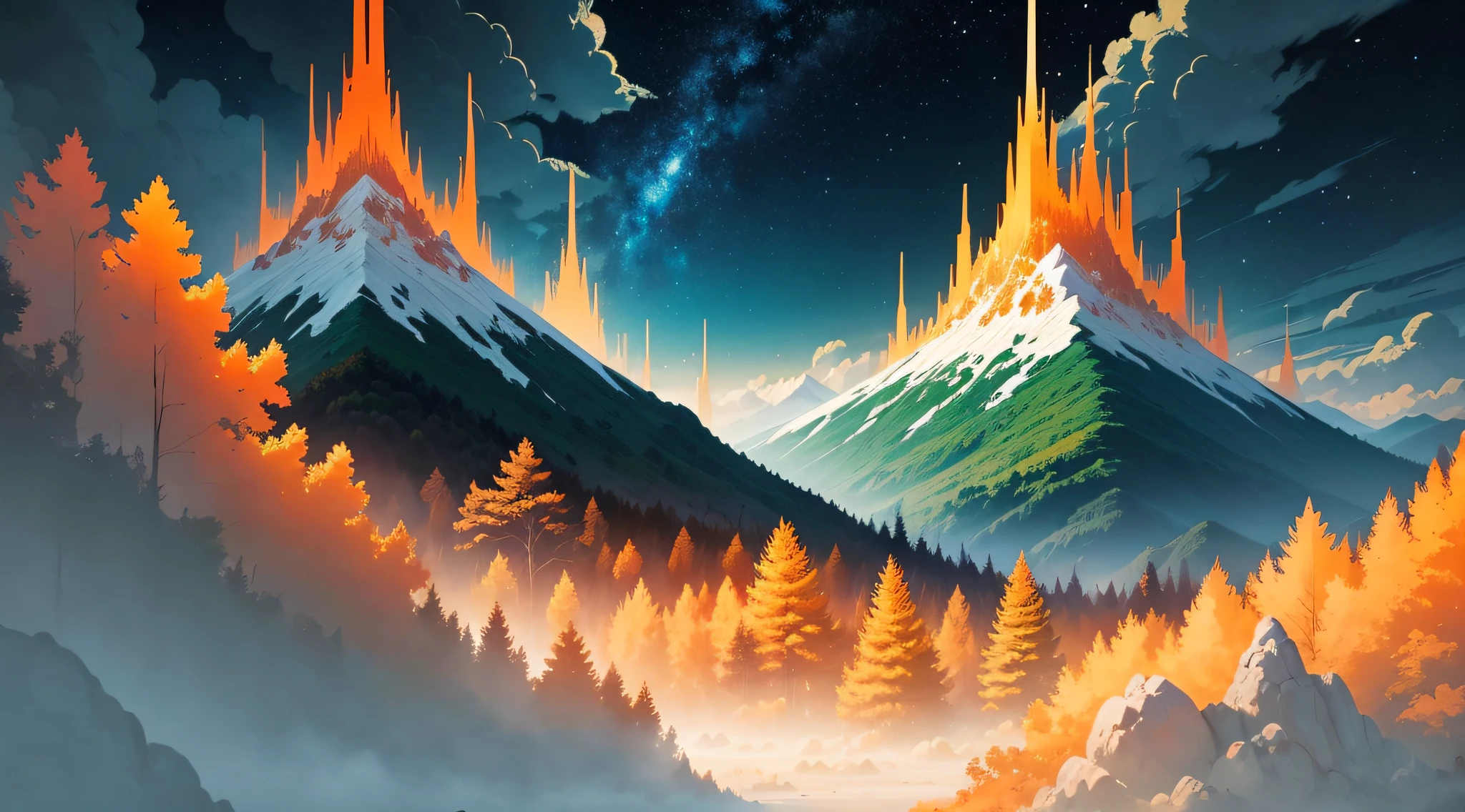 Intricate painting details of Burmese forests, by range murata, galaxy in background, Clouds, vivd colour, High contrast, Mountain, vector line art, orange highlights, trending in pixiv, anime concept art, Stick, Mattire, high high quality, Edge to edge, Sanskrit