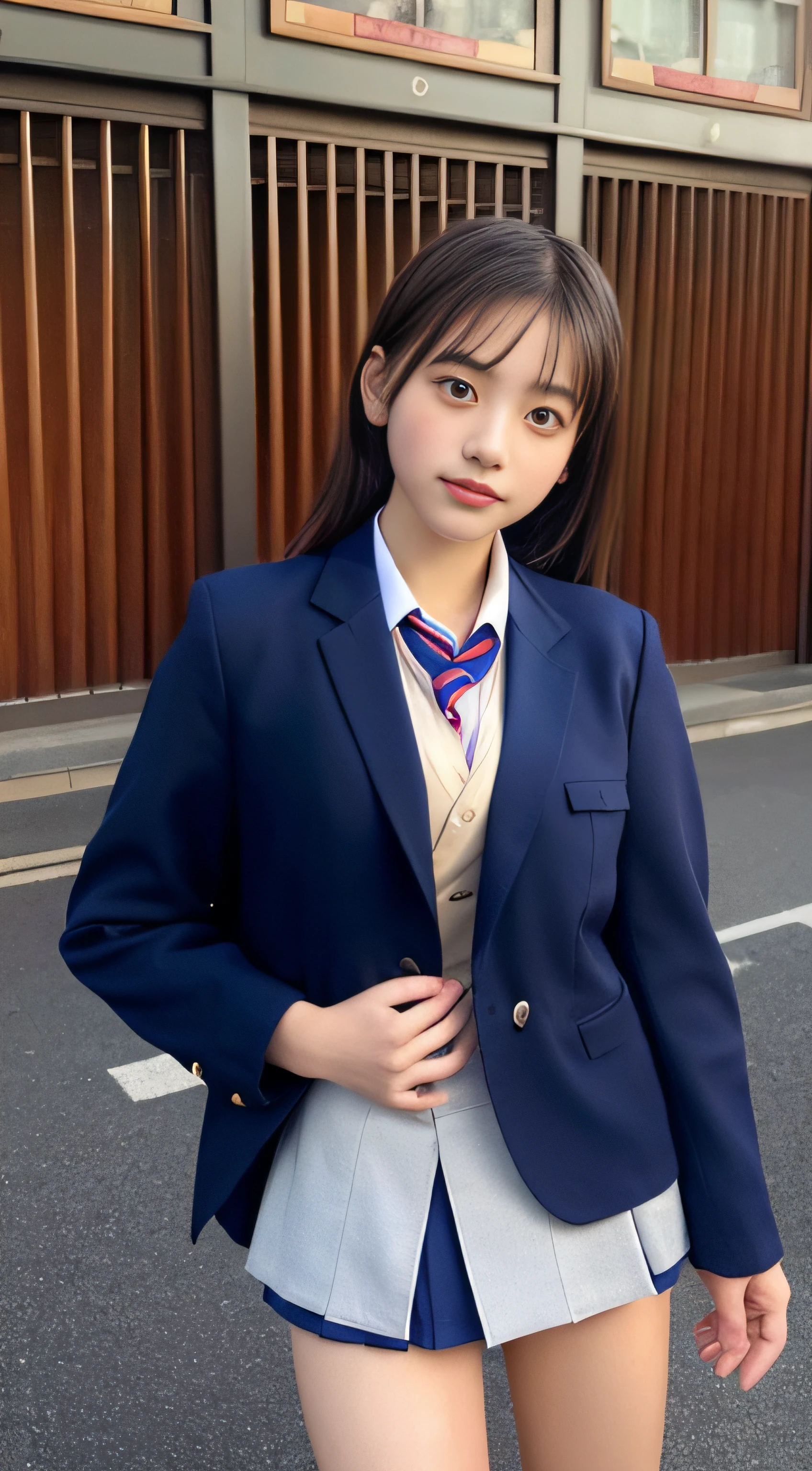 One Girl，(1人のとてもcute女の子:1.3)，masterpiece，Highest quality，High resolution，From below，Low - Angle，Photorealistic，RAW Photos，Ray Tracing，Physically Based Rendering，beautiful girl，(15 years old:1.3)，cute，Big eyes，(detailed pupils:1.2)，(The face is facing straight ahead:1.3)，Body facing forward，Beautiful nose，Upturned nose，Fuller lips，Short black hair，ponytail，short hair，Detailed eyelashes，Thin eyebrows，Very fine grain definition，(Symmetrical eyes，Golden Ratio:1.3)，(Beautiful feet:1.0)，Small breasts，Short neck，Navy Blue Blazer，Checkered pleated skirt，School uniforms，Ocean岸，Blue sky，White cloud，Ocean，White socks，Long legs with slender stretches，Stand up straight，whole body，Cinema Lighting，High resolution，Very detailed