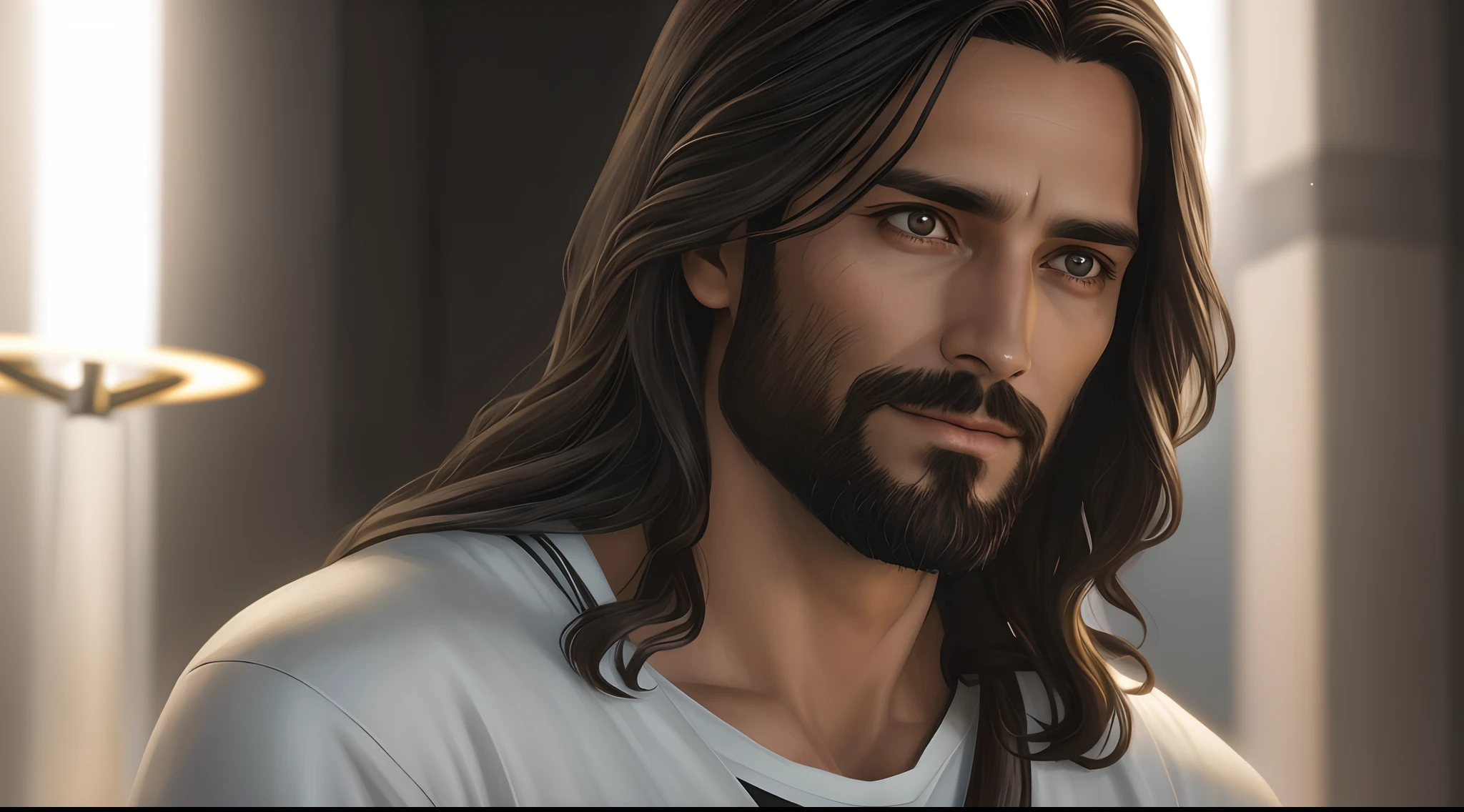 Jesus with long hair and beard in front of a halo, Retrato de Jesus Cristo, Jesus Cristo, rosto de Jesus, jesus of nazareth, Jesus Cristo em Mass Effect, Jesus, fan art, bonito impressionante realista, Jesus Gigachade, Jesus Cristo Indo Super Saiyajin, Cyberpunk Jesus Cristo, pintado digitalmente, pintura digital detalhada, Vestido como Jesus Cristo, Tron legado Jesus Cristo