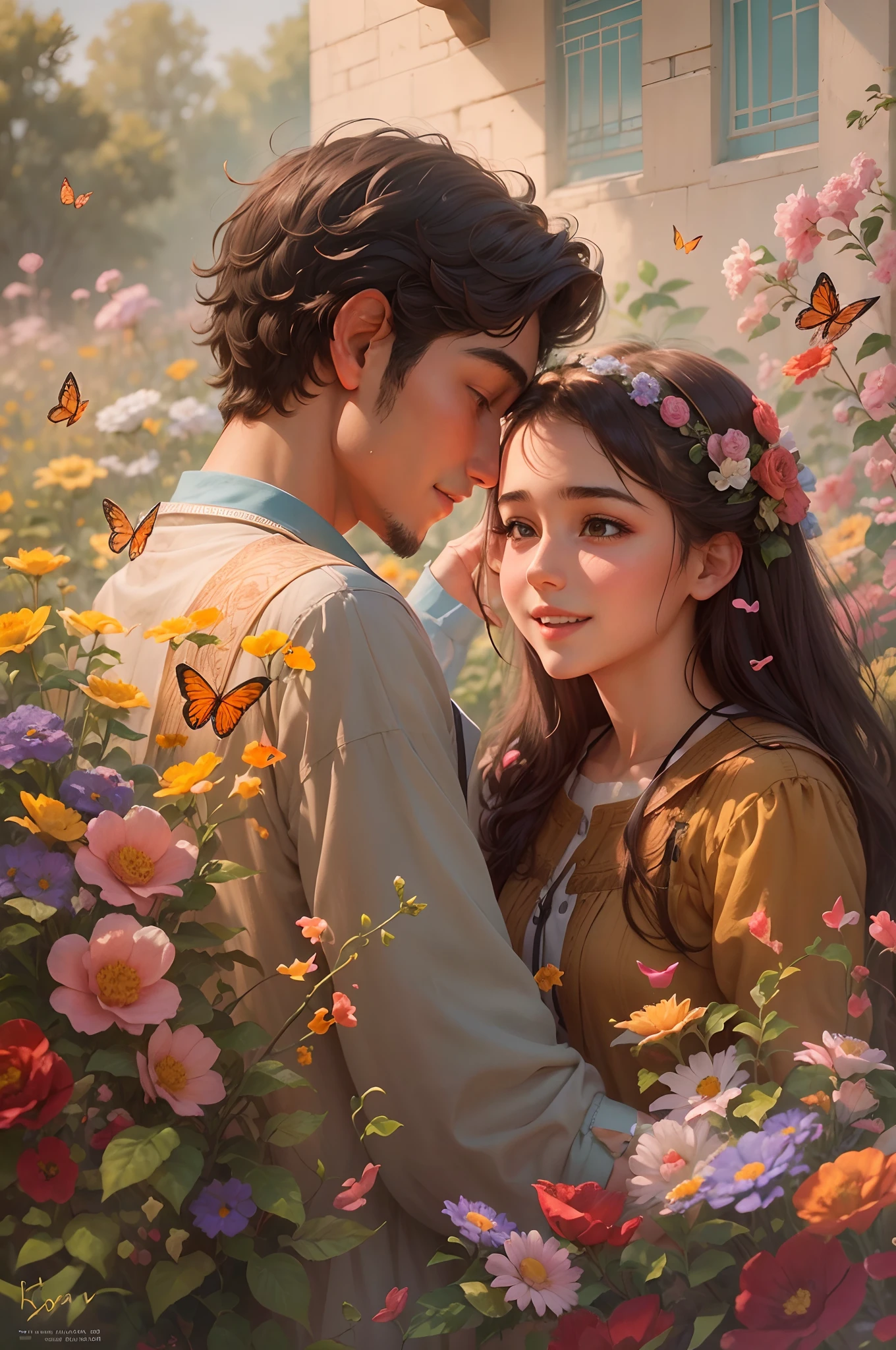 Tajik love, Tajik boy and Tajik girl, Young couple sharing their first love, School sweethearts, Teenage romance, Charming smiles, Tender moments, innocence, Pure affection, A touching connection, Sweet images, Gentle touches, Joyful laughter, Blossoming emotions, youthful energy, bright colours, soft-lighting, Picturesque garden , blooming flowers, serene atmosphere, Magical moments, A hint of nostalgia, Happiness in their eyes, Butterflies flutter around, dreamy atmosphere, sculpted with oil paints, Detailed brush strokes, Rich textures, Vibrant Palette, A high-definition masterpiece (4k,8K), Photorealistic works of art, Professional excellence, Capturing the essence of young love.