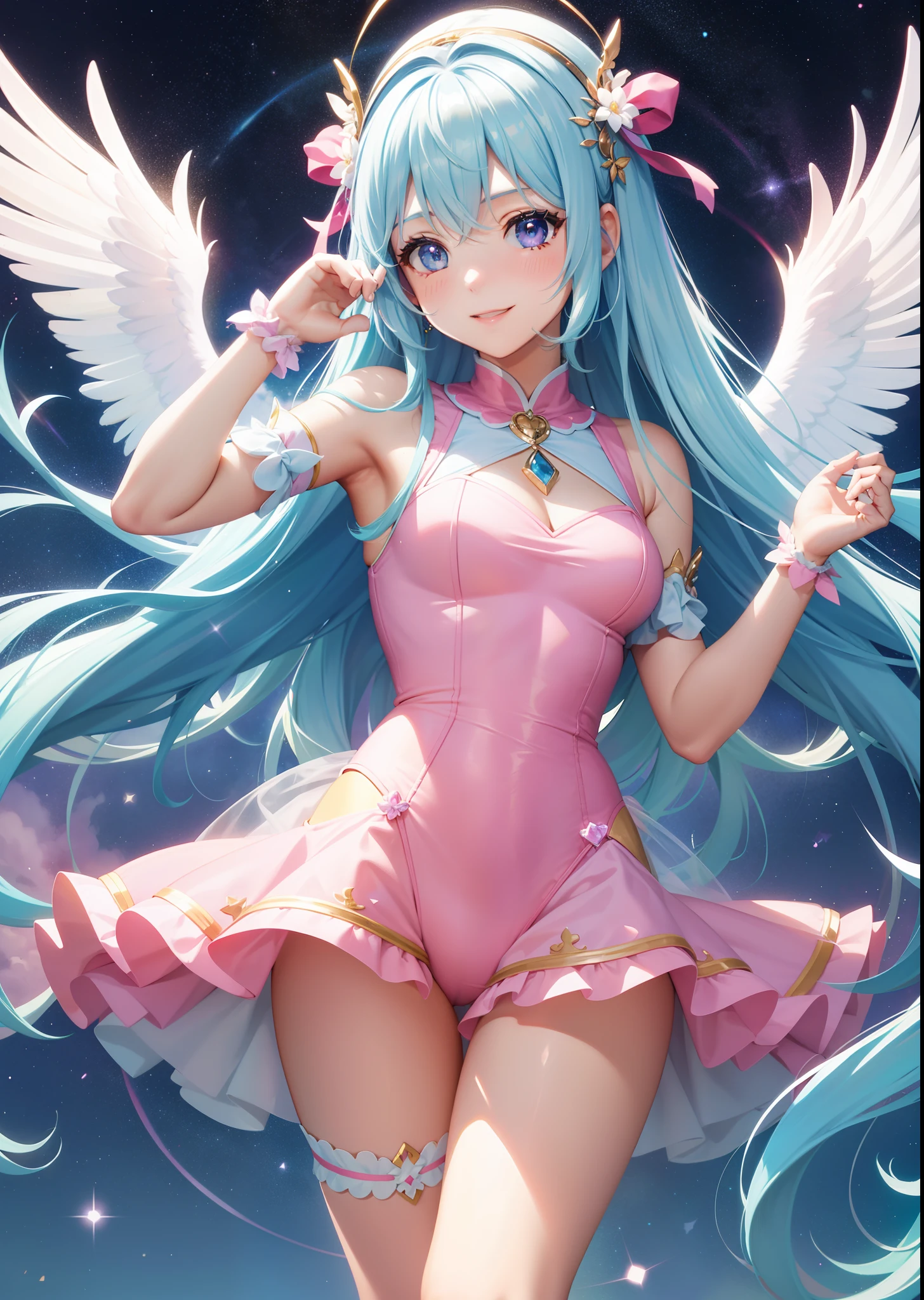 Super Idol a beauty girl A charming smile sky blue hair length hair Twin-tailed Bright pink and white leotard outfit Mystical Fantasia constellation a moon Crystal Brilliance Aurora Borealis in the Night Sky