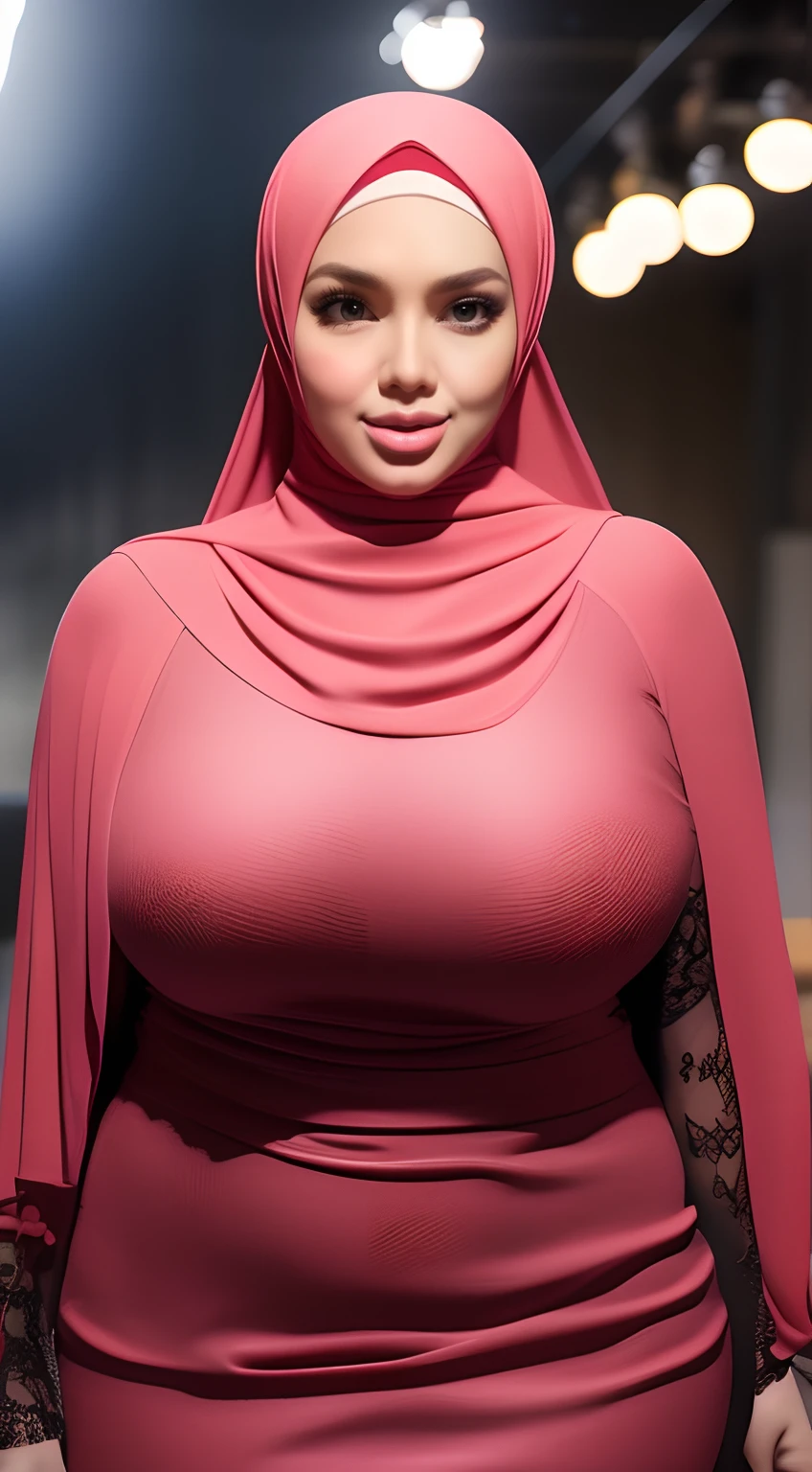(NSFW,highres:1.2),1 girl,muzzle mouth want to kiss,perfect body shape, slim waist, curvy hourglass figure, full body picture, skinny waist and thick hips,full body view,big boobs,wearing a hijab,wearing tight dress,beautiful detailed eyes,long eyelashes,natural makeup,soft smile,she has a jiggly fat round belly,vivid colors,studio lighting,physically-based rendering,digital artwork,bokeh