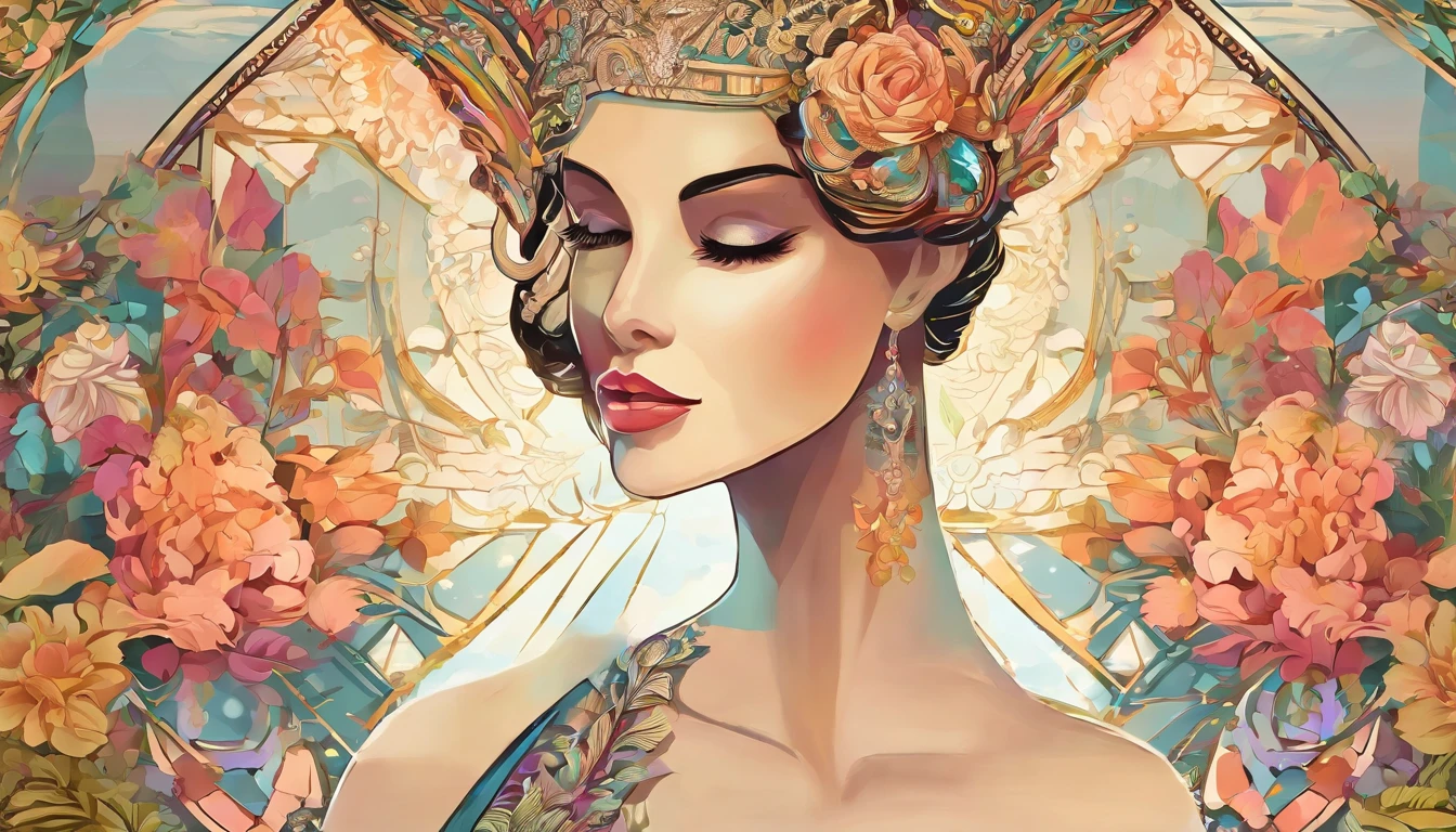 beautiful reflection of inner beauty to enhance your radiance,portrait,canvas,pastel colors,detailed facial features,soft shadows,vibrant eyes,warm lighting,magical garden setting,ethereal atmosphere,delicate brush strokes,high resolution,masterpiece:1.2