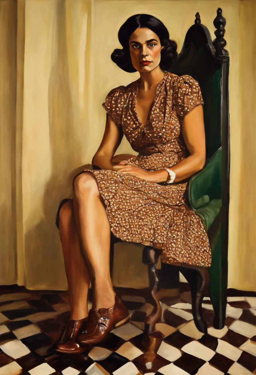 Alice neel kind of pose of a woman sitting in a chair with a dress and brown Victorian kind of shoes on, photography