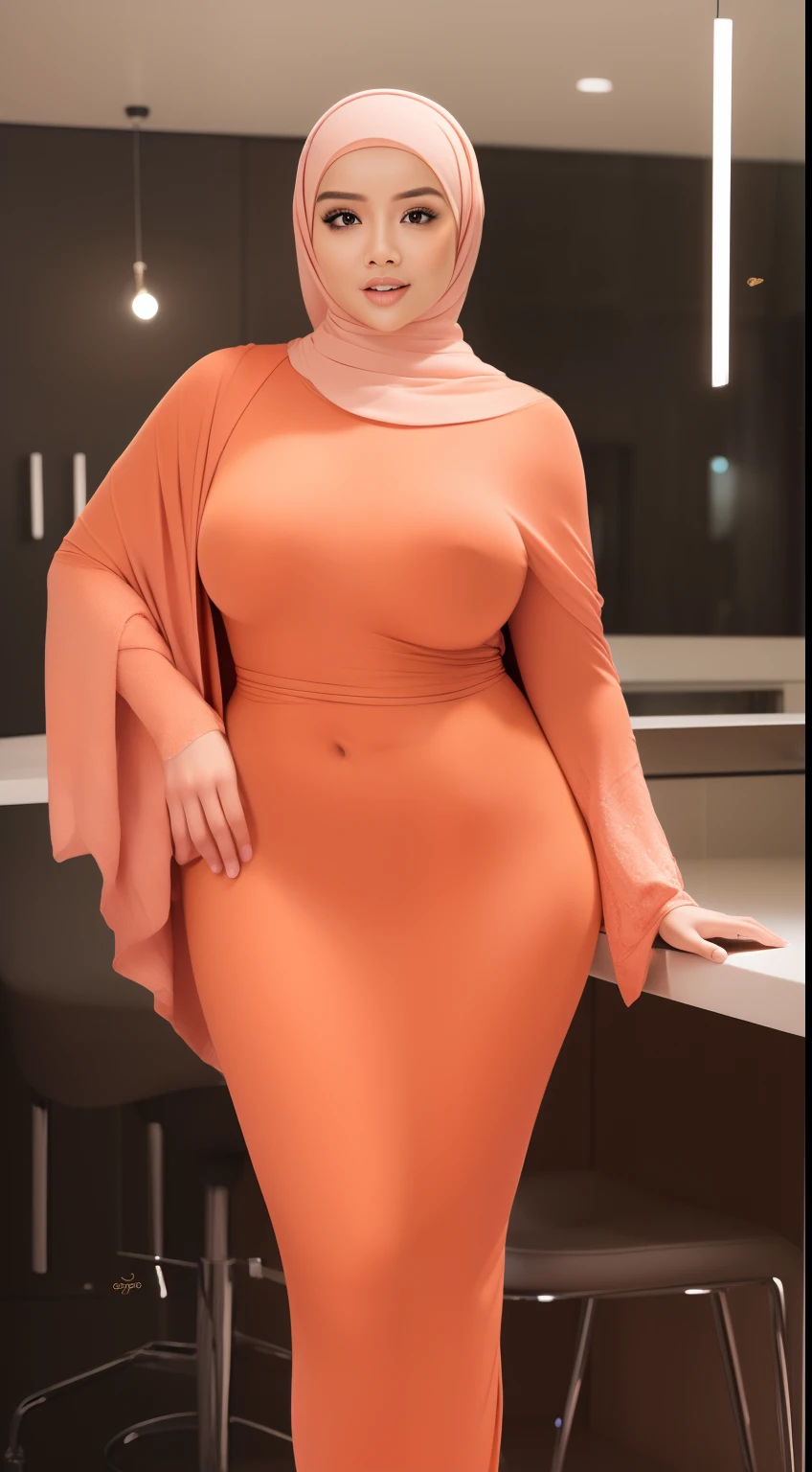 (NSFW,highres:1.2),1 girl,blowing a kiss,perfect body shape, slim waist, curvy hourglass figure, full body picture, skinny waist and thick hips,full body view,big boobs,wearing a hijab,wearing tight dress,beautiful detailed eyes,long eyelashes,natural makeup,soft smile,she has a jiggly fat round belly,vivid colors,studio lighting,physically-based rendering,digital artwork,bokeh