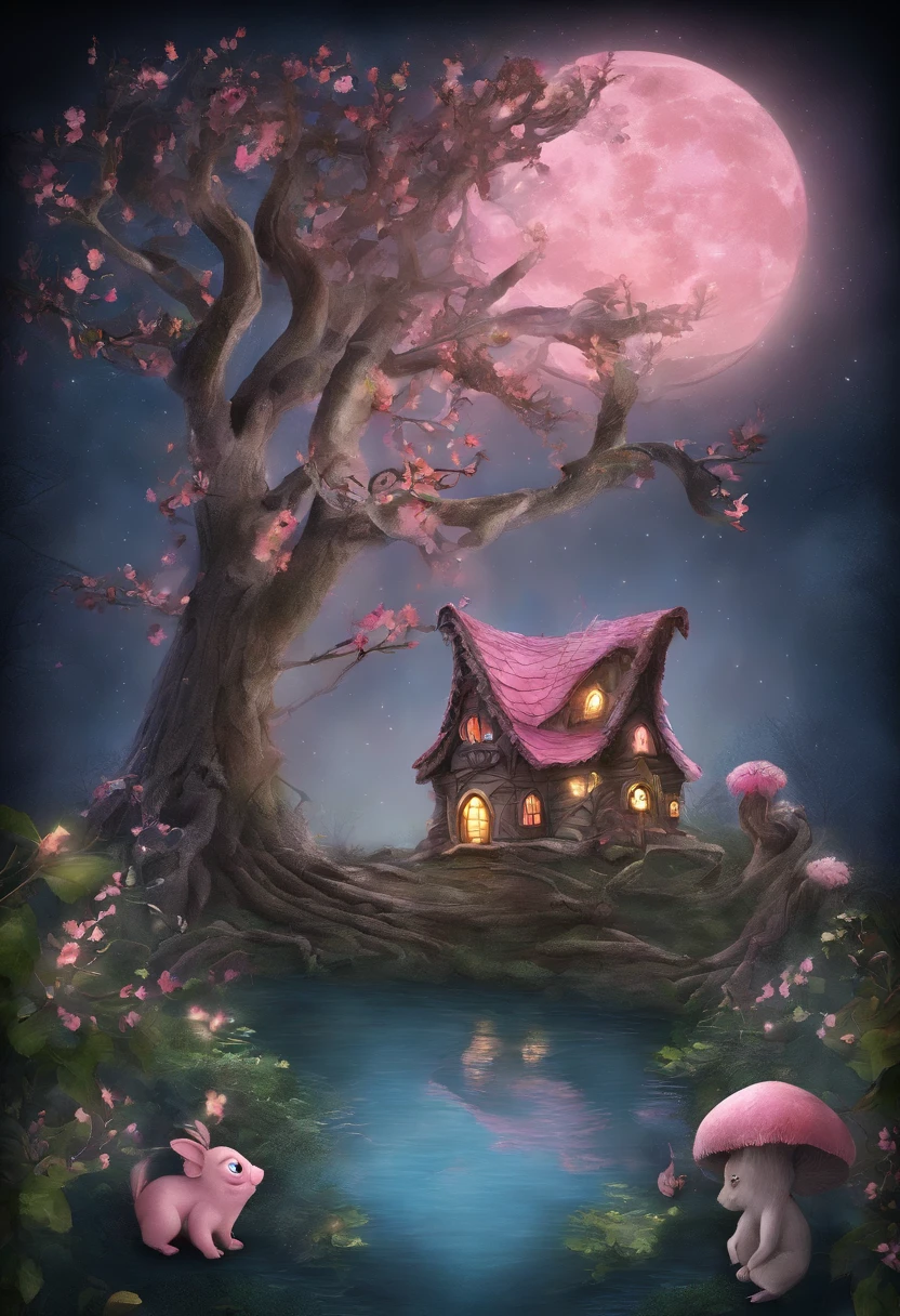 Forest night,The sky has a full moon,There is a pink piglet on the ground,There is a fish in the water,There is a monkey in the tree,There is a sprouted sapling under the tree