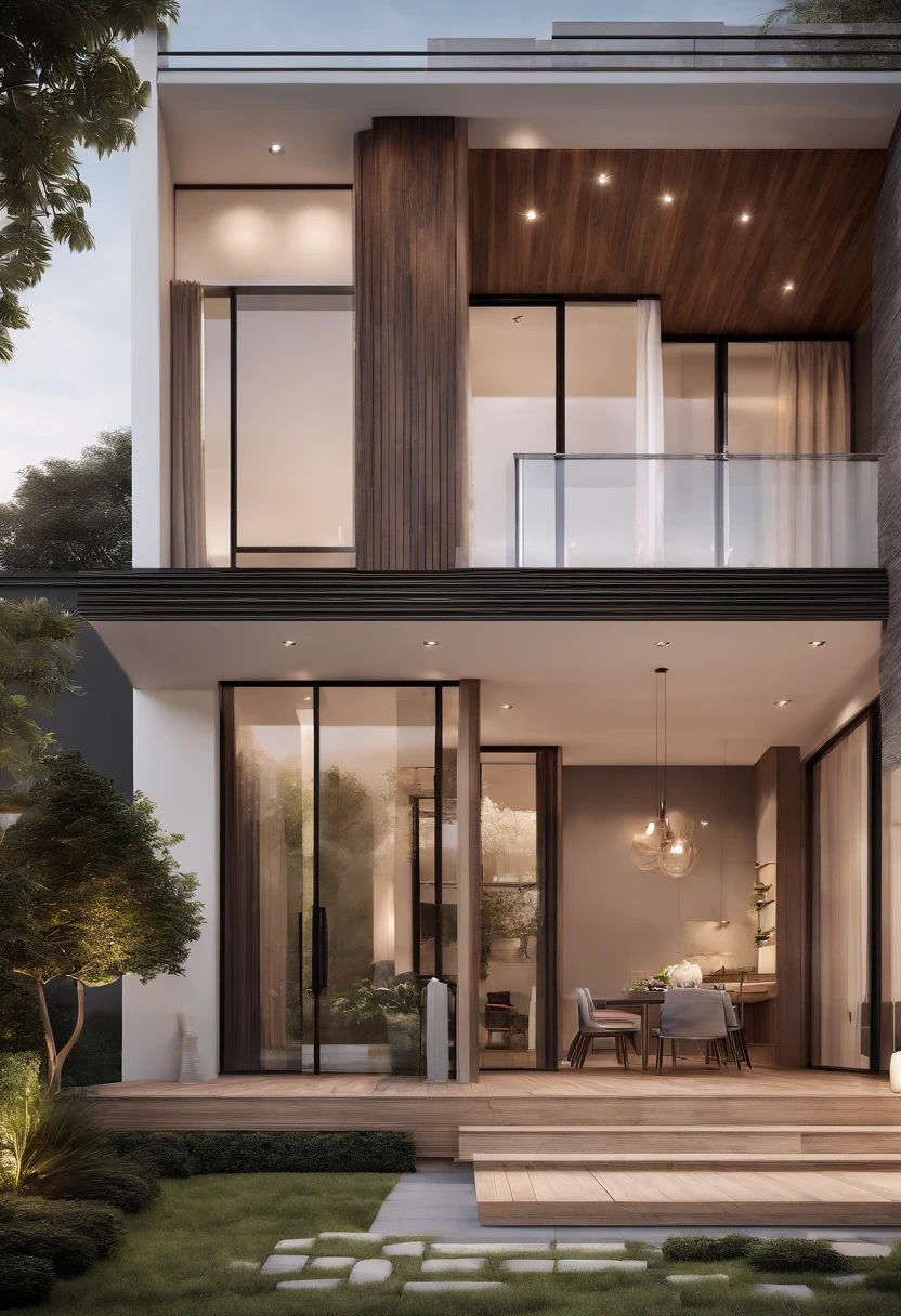 (best quality,3D rendering),detached house with 3 bedrooms,living room,kitchen and bathroom,bright and spacious interior,modern design,architectural masterpiece,two-story building with an "L" shaped lot,large front porch,beautifully landscaped garden,contemporary façade with floor-to-ceiling windows,open-concept layout,high ceilings throughout the house,elegant staircase,abundance of natural light,high-end finishes and fixtures,stylish furniture and decor,natural wood flooring,neutral color palette,comfortable and inviting atmosphere.