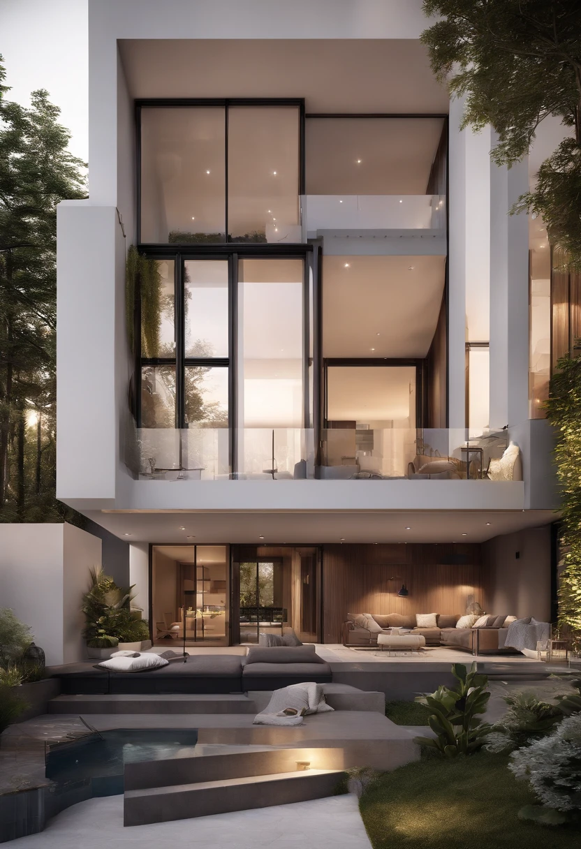 (best quality,3D rendering),detached house with 3 bedrooms,living room,kitchen and bathroom,bright and spacious interior,modern design,architectural masterpiece,two-story building with an "L" shaped lot,large front porch,beautifully landscaped garden,contemporary façade with floor-to-ceiling windows,open-concept layout,high ceilings throughout the house,elegant staircase,abundance of natural light,high-end finishes and fixtures,stylish furniture and decor,natural wood flooring,neutral color palette,comfortable and inviting atmosphere.