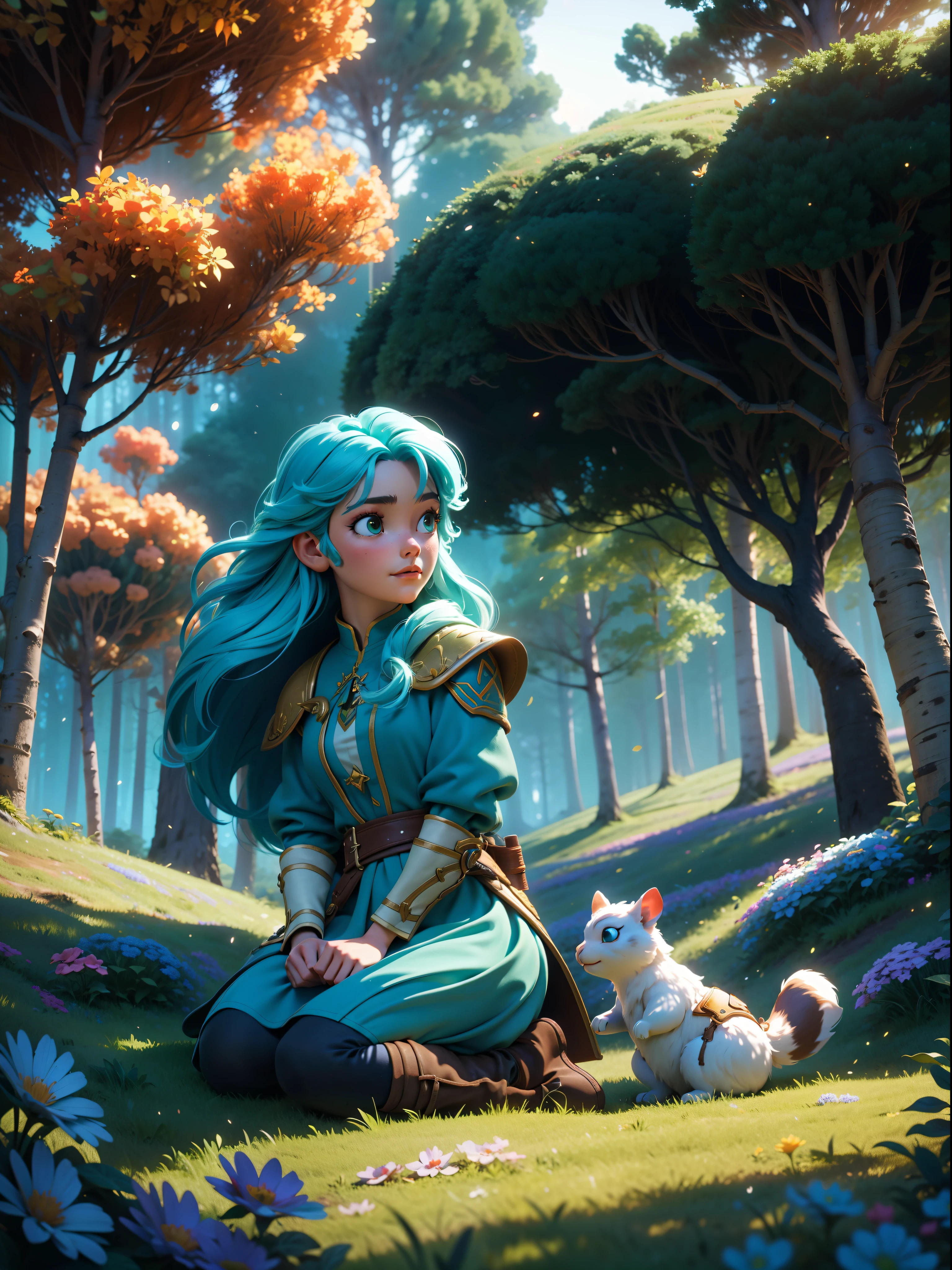 masterpiece, 1beautiful girl, with long hair and guild adventurer clothes, she is in a beautiful ([woodland setting]), {([she is in interaction with the elements of the setting])|+([3D space composition ]):1.2}!  {The setting is: (fareground/ bright leaves+blur, beautiful colorful flowers, fireflies)!  (midground/bright bushes, grasses, flowers, glowing trees, squirrels_on_the_ground, +a 1beautiful girl, with long hair and guild adventurer clothes)!  (background/ froresta_verde_escura)}!  ([camera with dynamic angles/+naturalness]:1.2), maximum detail, ultra quality, maximum resolution, 16k, anime style, ([work with 3D perspective]):1.3, (creative/+dynamic/+naturalness):1.2, [camera with dynamic capture angles/+genius work of art]:1.2! [ethereal atmosphere]:1.1 [fantasy, tale] [book story style] [soft lighting] [whimsical feel]:0:8 [+cinematic shot]:1.2 [+artstation] [+ luminescent blue blue green yellow] [+soft lighting] [soft glow] [+particles] [creative and dynamic angles]:1.3, [+mineral toning] [+octane rendering] [+professional post production ] [+rendering octane] [+tones and lighting and contrast/+ghibli style/+studio style]
