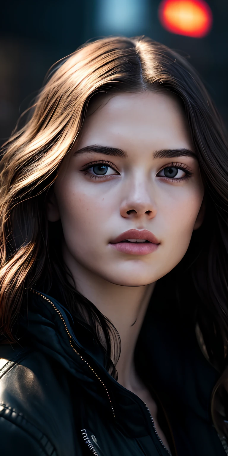 Full face portrait photo of a 18-year-old European girl, RAW, beautiful woman, semi-open strawberry lips, dimples, wistful look, (extra long wavy brown hair), ((detailed face)), ((detailed facial features)), (finely detailed skin), pale skin, (deep neckline detailed high-tech cyberpunk dress), cyberpunk megacity environment, (cool colors), damp, damp, reflections, (masterpiece) (perfect proportion)(realistic photo)(best quality)  (detailed) shot on a Canon EOS R5, 50mm lens, F/2.8, HDR, (8k) (wallpaper) (cinematic lighting) (dramatic lighting) (sharp focus) (intricate), RAW photo, RAW photo, gigachad photo, posing for camera, black jeans, back arms, 8k uhd, dslr, high quality, grain film, Fujifilm XT3, film stock photography 4 kodak portra 400 camera f1.6 lens rich colors hyper realistic texture dramatic lighting unrealengine trend in artstation cinestill  800 tungsten, toughboy style, ultra focus face, intimidating, in fighting position, short messy hair, muscular, bursting veins, beaded