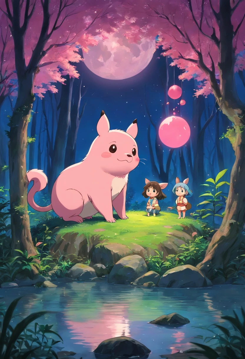 Forest night，The sky has a full moon，There is a pink piglet on the ground，There is a fish in the water，There is a monkey in the tree，There is a sprouted sapling under the tree