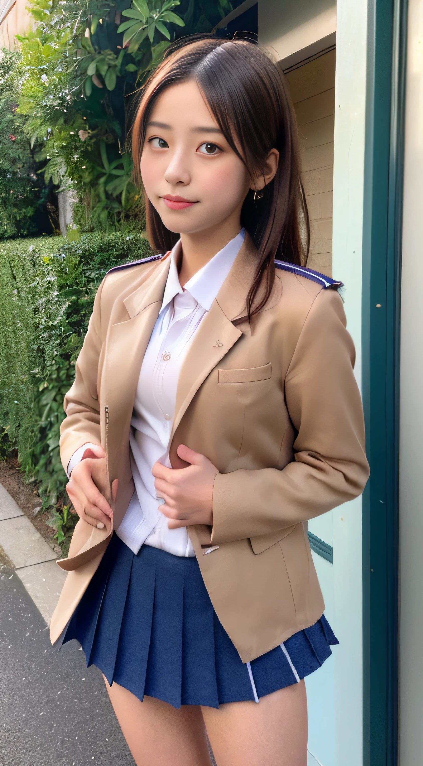 NSFW, SFW、Realistic lighting、top-quality、8K、masterpiece:1.3)、32K、(1girl in:1.5)、japanes、(Composition from the knee up:1.7)、(High school girl in uniform with blazer and miniskirt:2.0)、(summer clothing:1.3)、((small tits:1.8))、((skinny body:2.0))、Delicate body、Slender Abs、very slender body、((Ultra Slim Body Beauty:1.4))、(Slim abs:1.1)、((Light brown long hair))、(outside of house:1.1)、City Street、Superfine Face、Fine eyes、二重まぶた