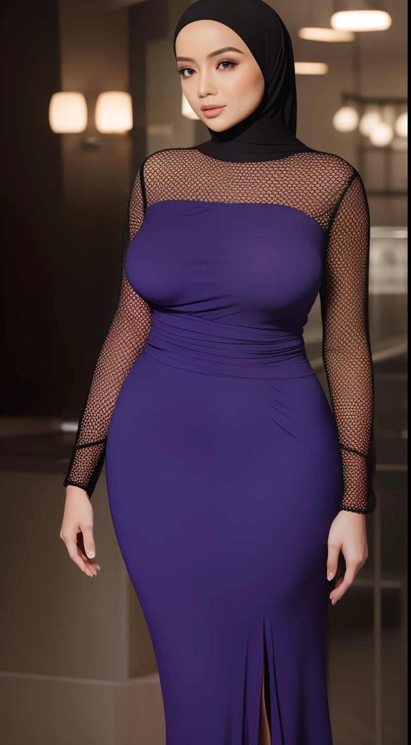 (NSFW,highres:1.2),1 girl,blowing a kiss,perfect body shape, slim waist, curvy hourglass figure, full body picture, skinny waist and thick hips,full body view,big boobs,wearing a hijab,wearing tight dress,beautiful detailed eyes,long eyelashes,natural makeup,soft smile,she has a jiggly fat round belly,vivid colors,studio lighting,physically-based rendering,digital artwork,bokeh