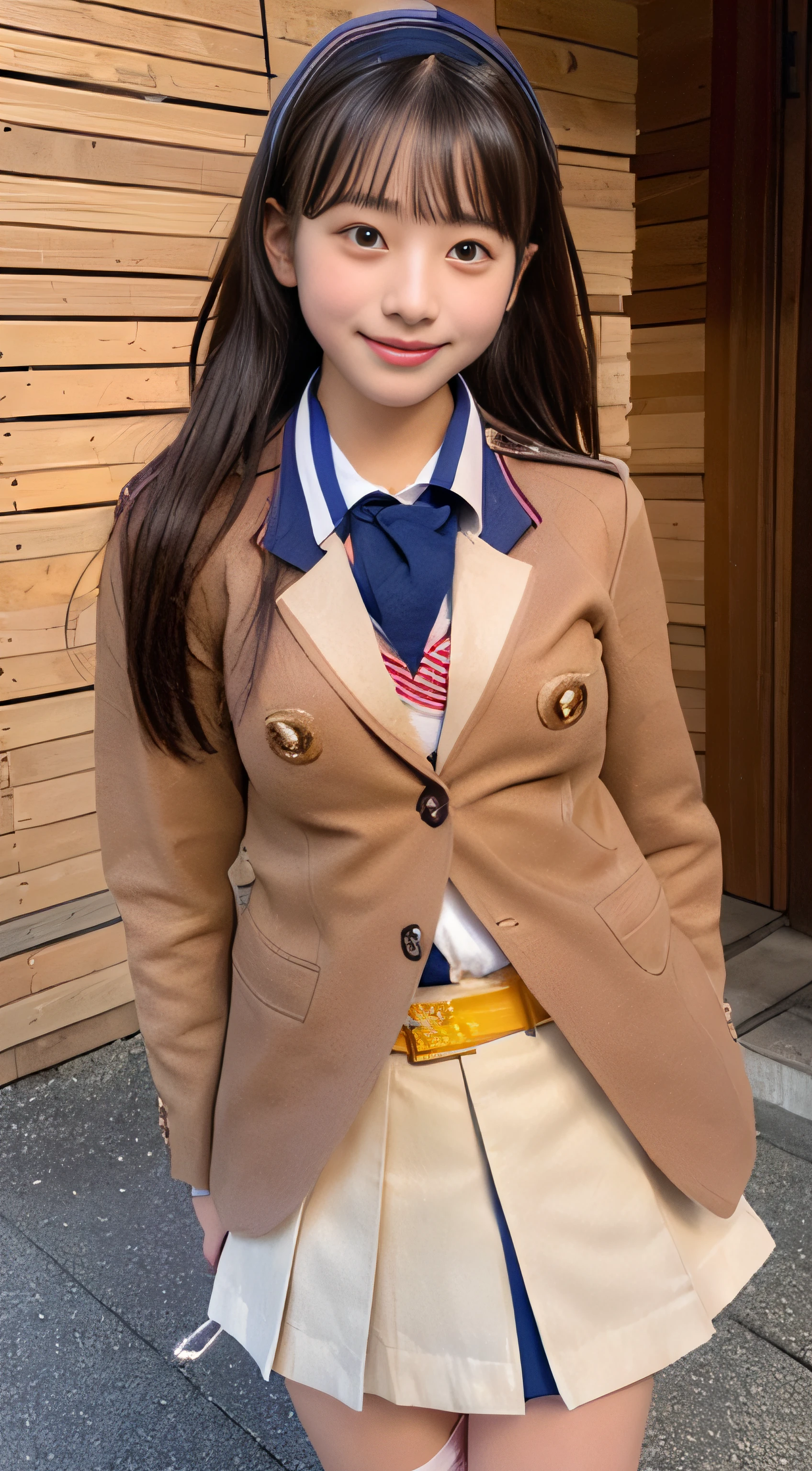 NSFW, SFW、Realistic lighting、top-quality、8K、masterpiece:1.3)、32K、(1girl in:1.5)、japanes、(Composition from the knee up:1.7)、medium distance shot、(High school girl in uniform with blazer and miniskirt:2.0)、(summer clothing:1.3)、((small tits:1.8))、((skinny body:2.0))、My chest fluttered、((Ultra Slim Body Beauty:1.4))、(Slim abs:1.1)、((Light brown long hair))、(outside of house:1.1)、City Street、Superfine Face、Fine eyes、二重まぶた