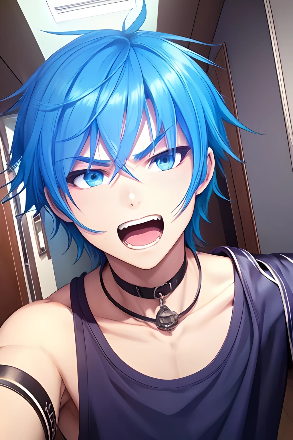 Anime - style photo of a young man with blue hair and a choker - SeaArt AI