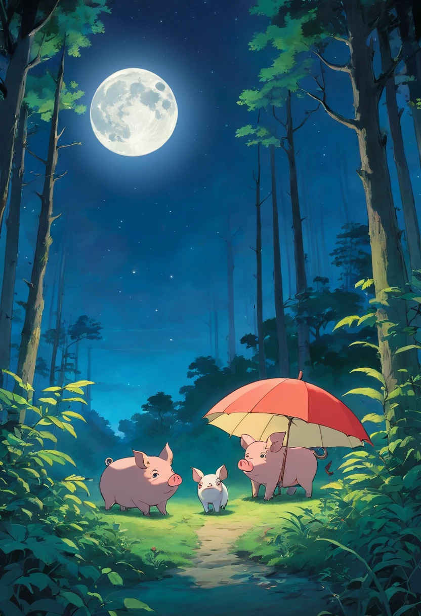Forest night,The sky has a full moon,There are 4 animals on the ground(pigs,monkey,The fish,sapling)