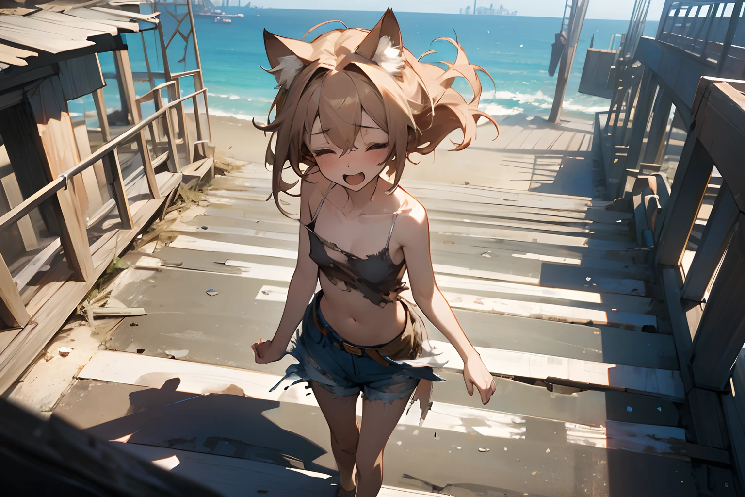 ((masutepiece)), 8K, Cinematic lighting, very messy hair,(Stand on shallow sandy beaches), (exposed breast, Heavily battered and torn dirty oversized white camisole, Slender small breasts, Pray for You), Slums, Textured skin, Cat ears, Pale brown hair, Cute Beautiful Girl