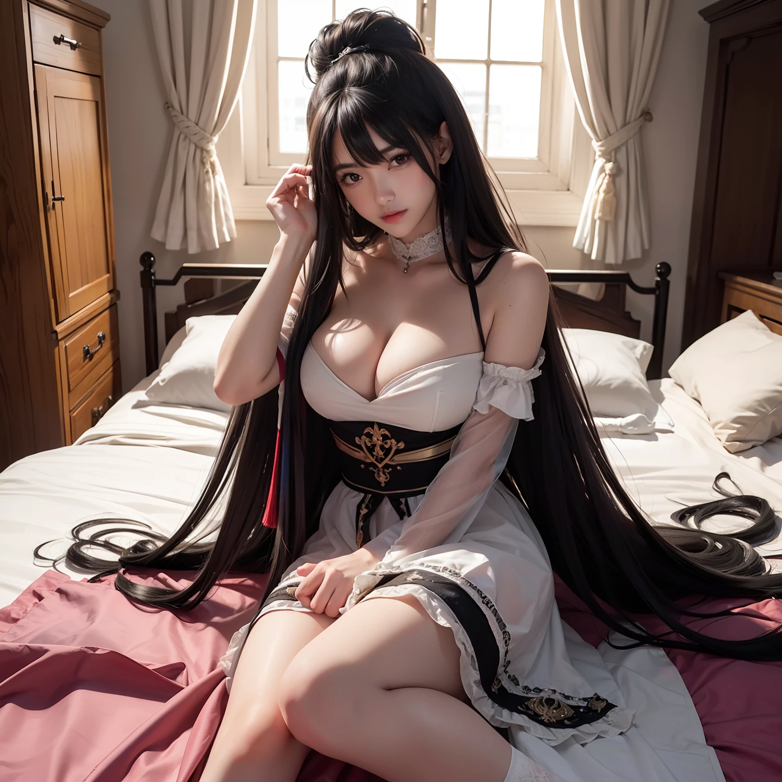 ((Top image quality、top-quality、Top resolution、hyper realistic photography、))、Massive amount of black hair on the bed、ultra-long hair about 3 meters long、