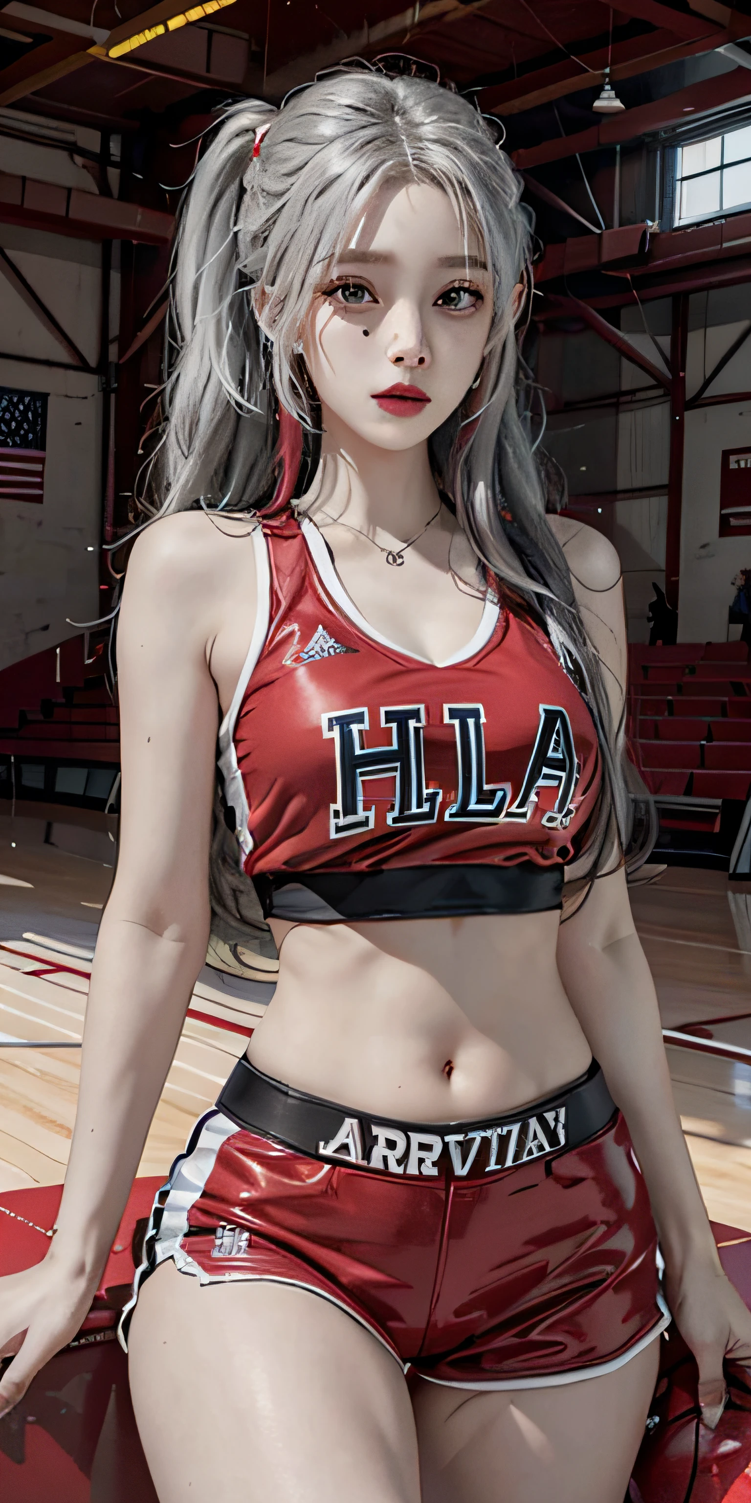 photorealistic, high resolution, soft light,1women, solo, hips up, (detailed face), jewelry, harley quinn, jewelry, tattoo, Red Basketball Uniform、Luxurious indoor sports stadium、basketball court